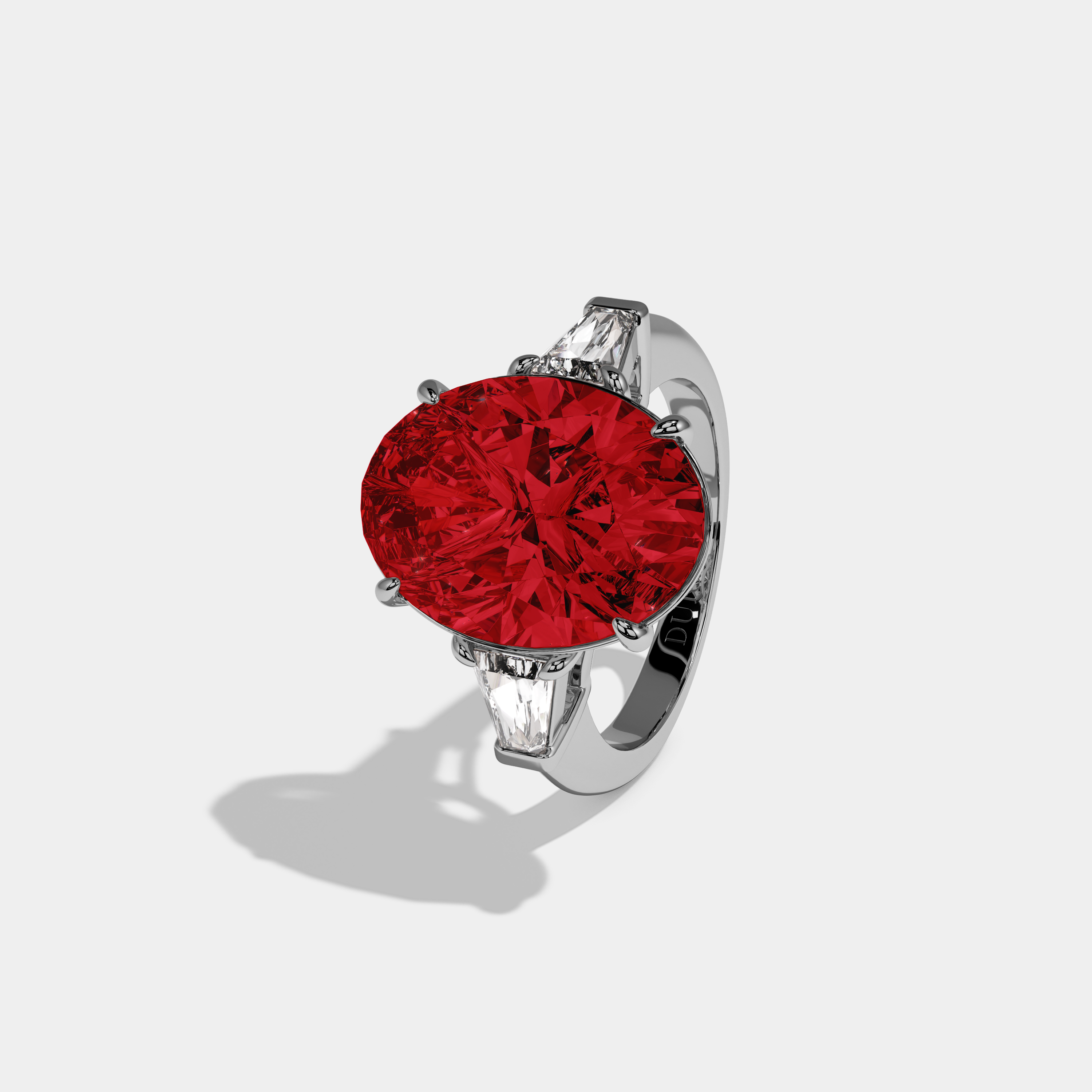 Eleanor Fancy Red Oval Cut Diamond Plain Band With Tapered Baguette Cut Sides Engagement Ring 8ct 18K White Gold