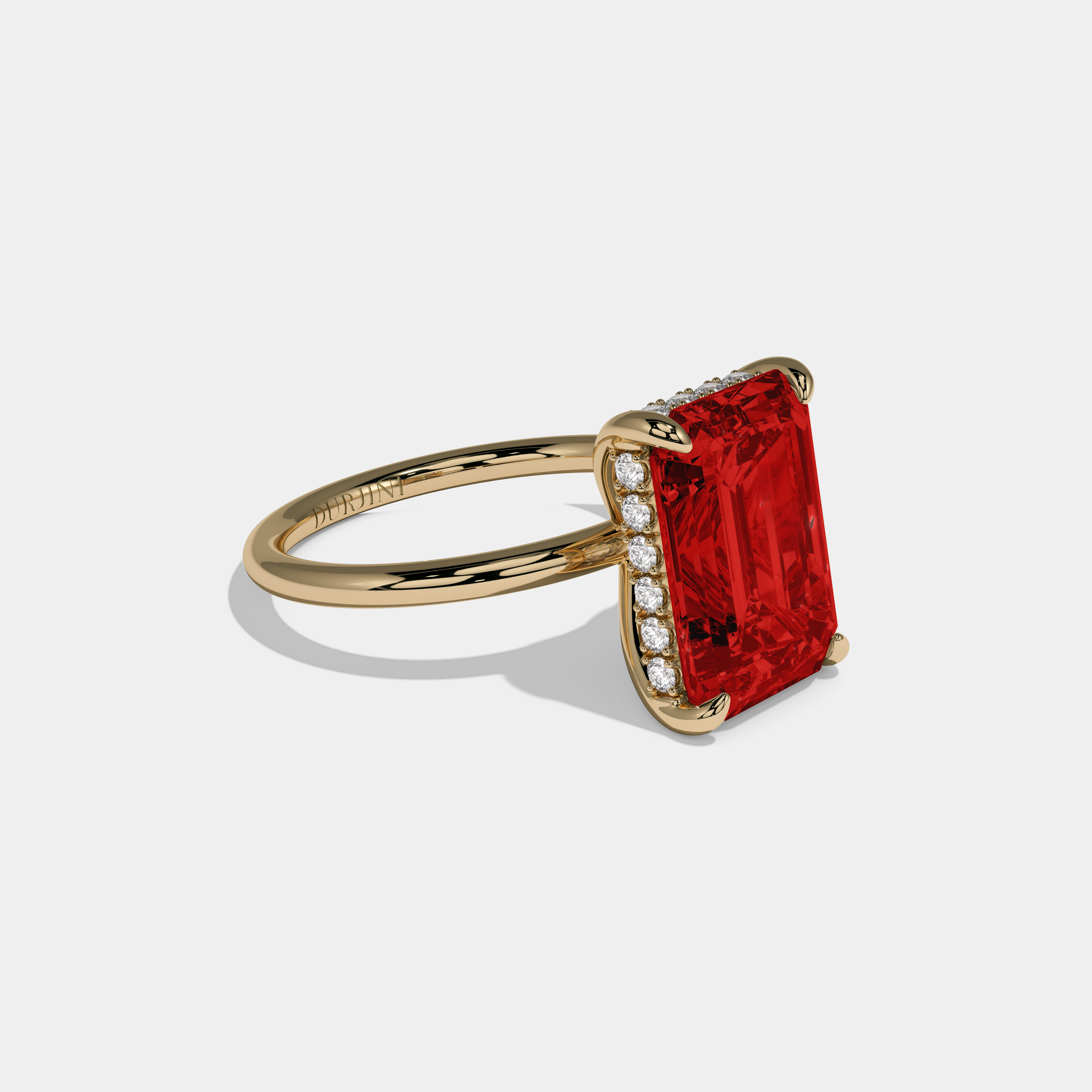 Maud Fancy Red Emerald Brilliant Cut Diamond Plain Band With Hidden Halo 6.5ct 18K Yellow Gold