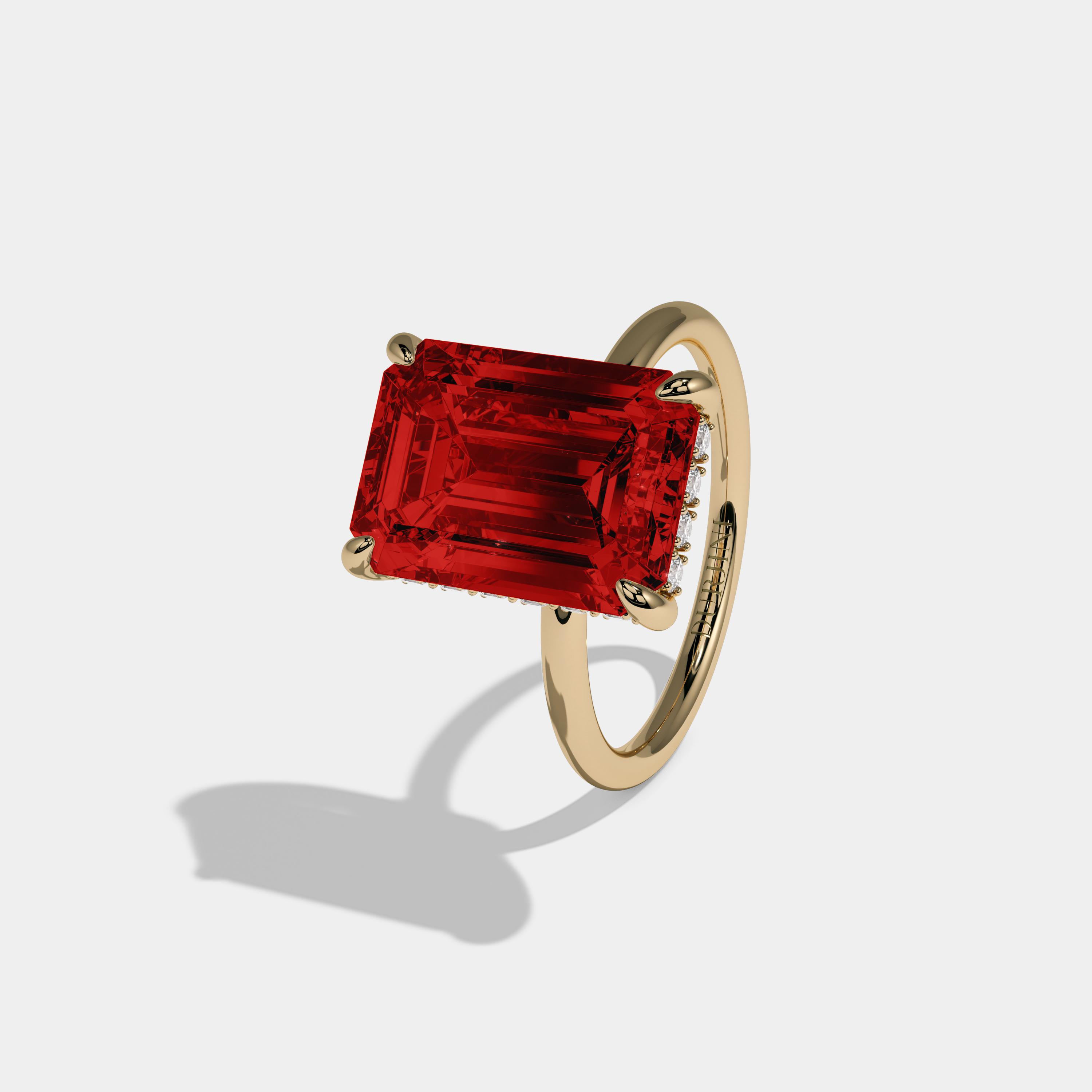 Maud Fancy Red Emerald Brilliant Cut Diamond Plain Band With Hidden Halo 6.5ct 18K Yellow Gold
