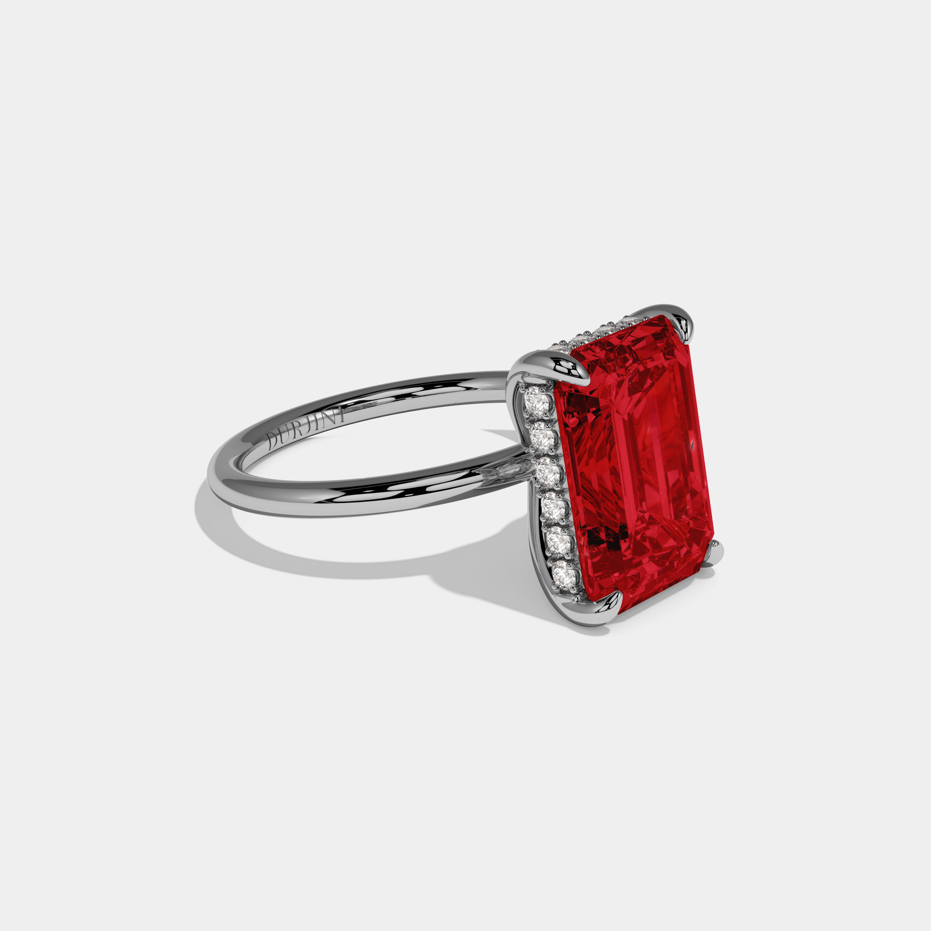 Eleanor Fancy Red Emerald Brilliant Cut Diamond Plain Band With Hidden Halo 6.5ct 18K White Gold