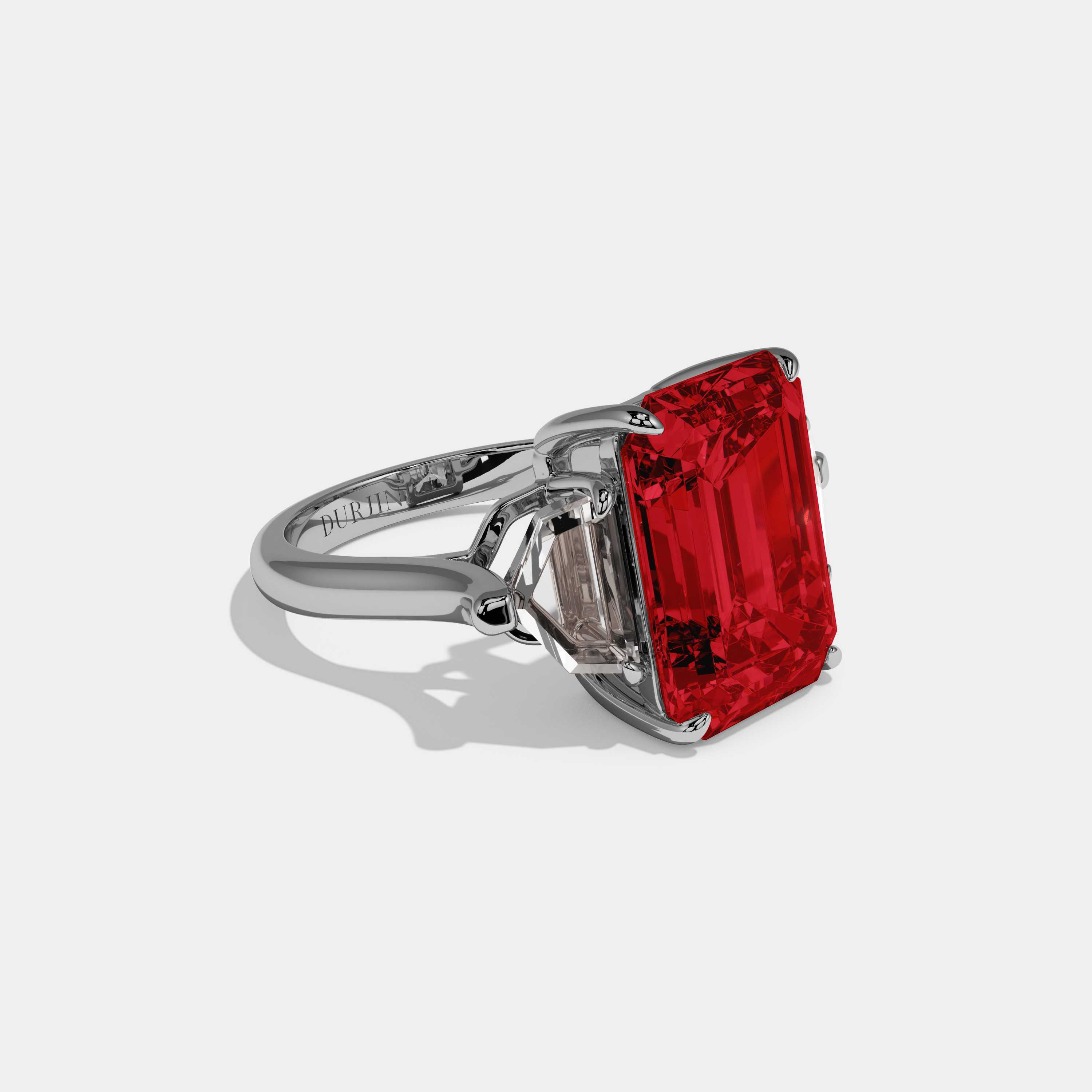 Eleanor Fancy Red Emerald Cut Diamond Plain Band Engagement Ring With Pentagon Sides 9ct 18K White Gold