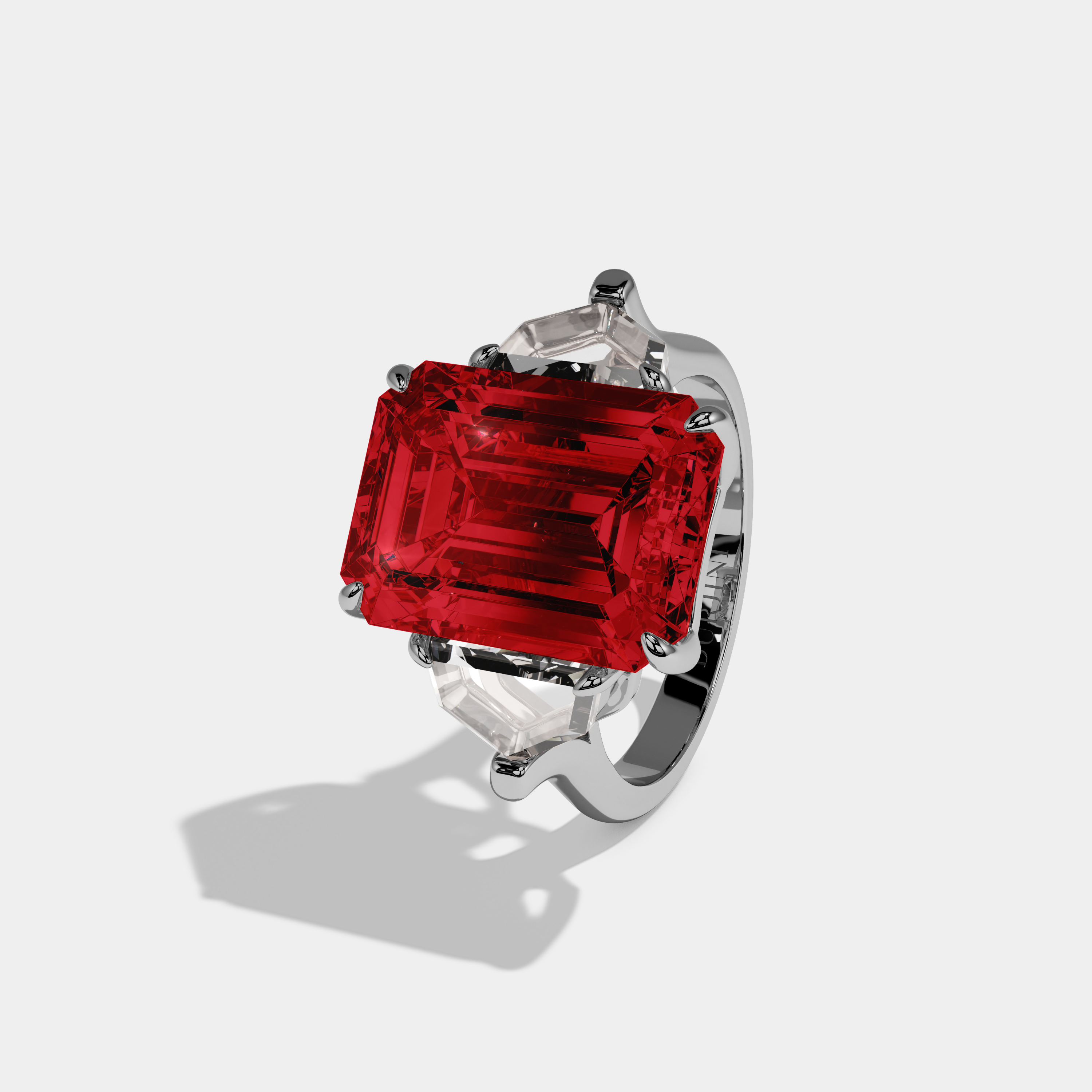 Eleanor Fancy Red Emerald Cut Diamond Plain Band Engagement Ring With Pentagon Sides 9ct 18K White Gold
