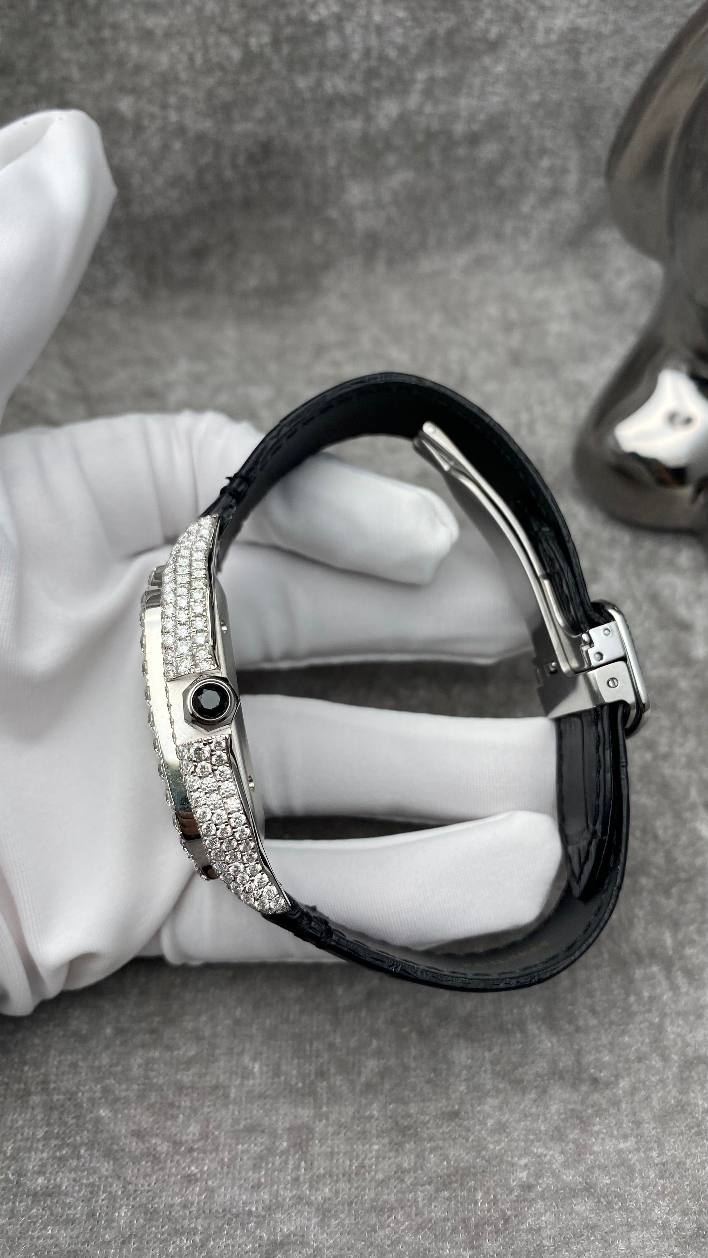 Customised Cartier Santos Large Steel Watch w/Diamond Pave Set and Leather Strap