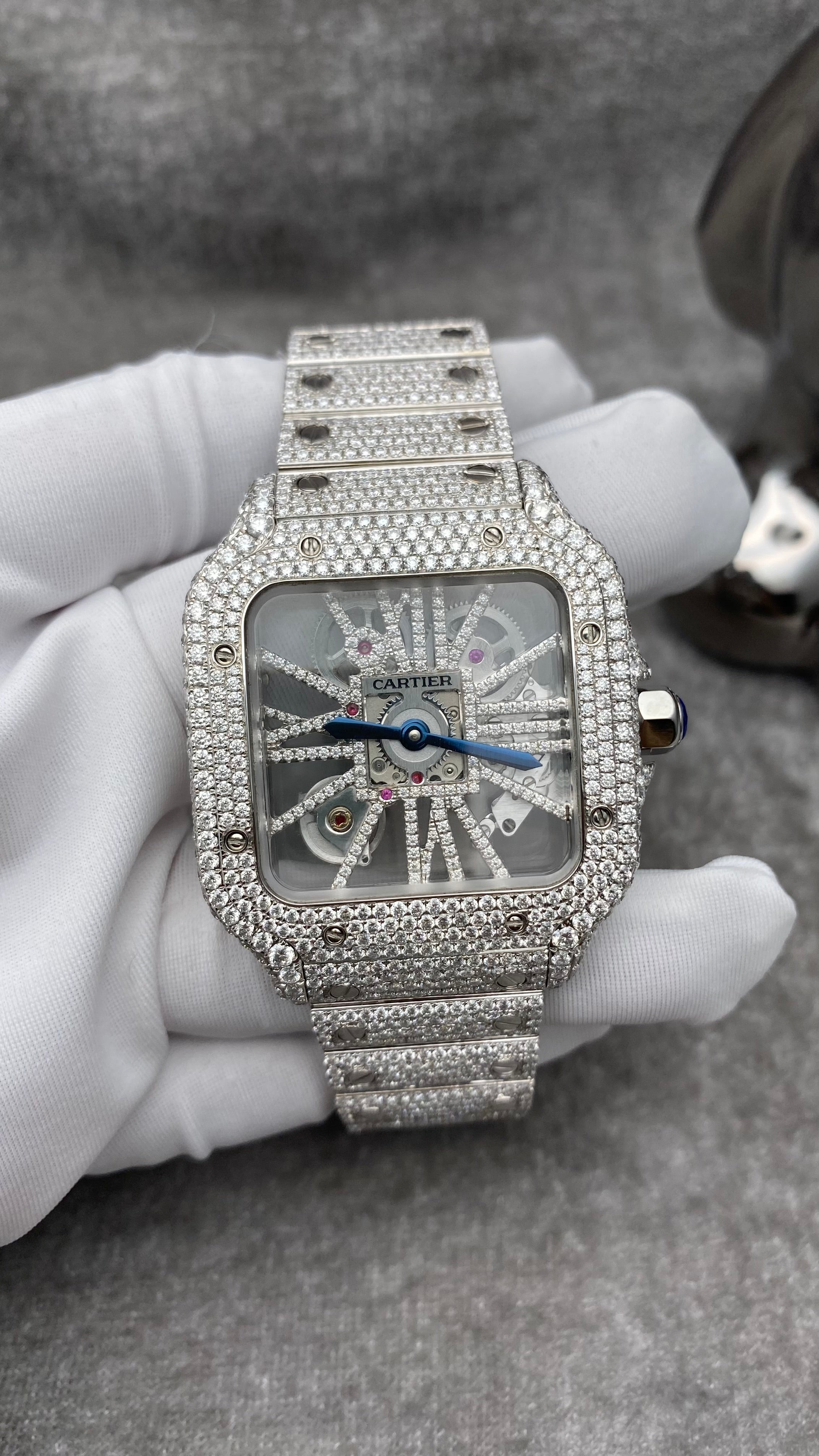 Customised Cartier Skeleton XL Steel Watch w/Diamonds