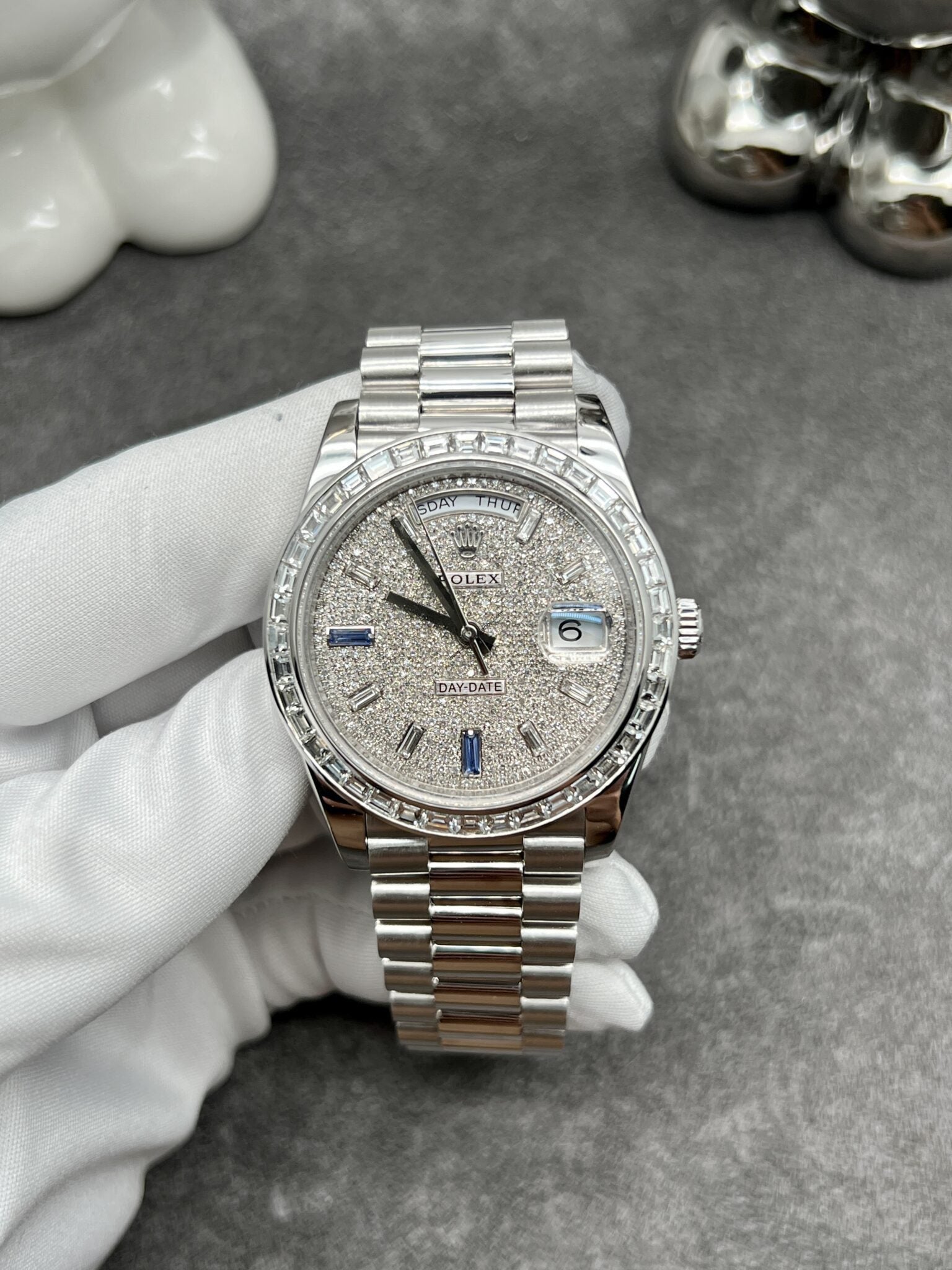 Rolex Day-Date 40, President Bracelet, Platinum, Diamond-Paved Sapphire Dial