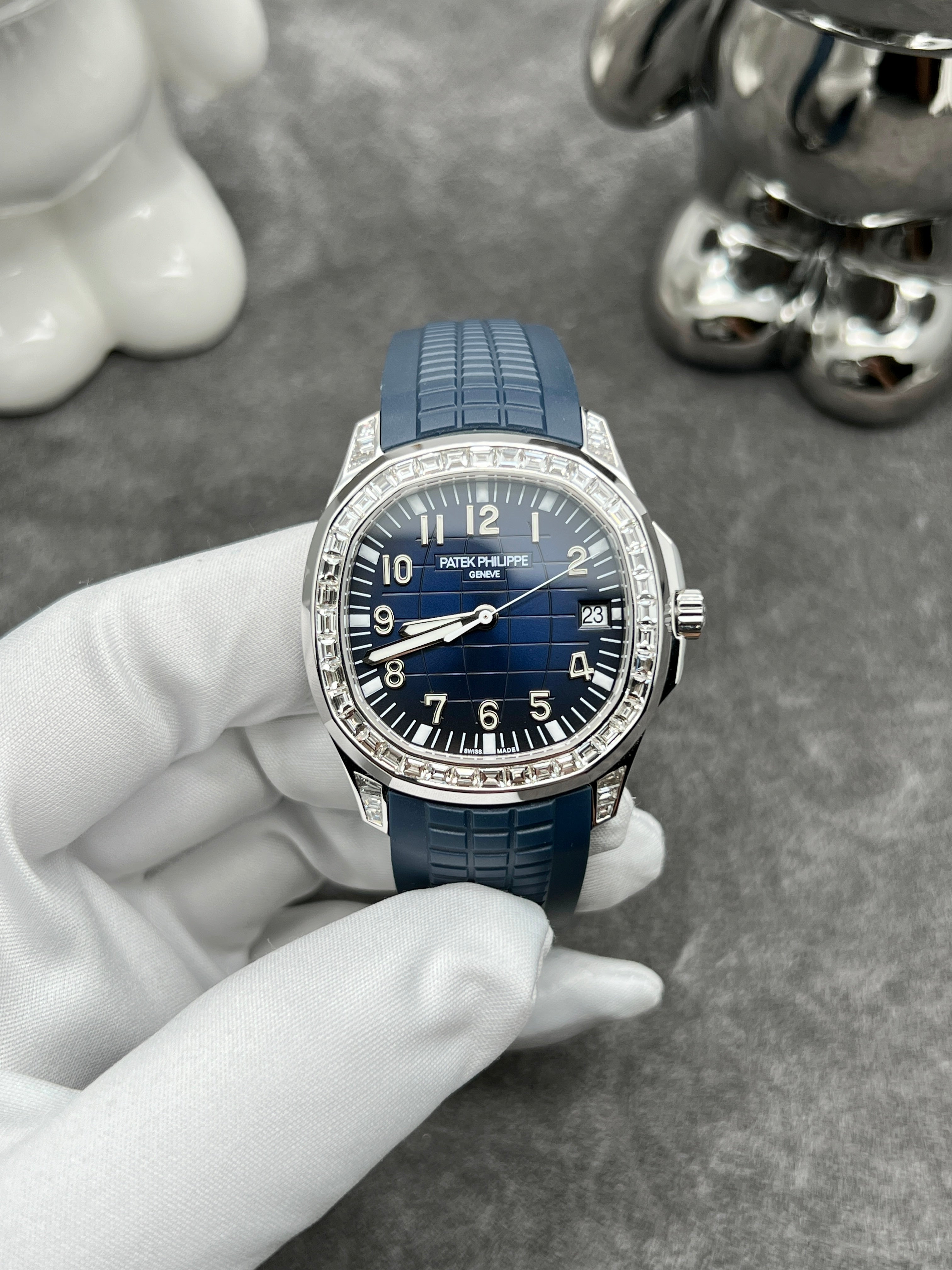 PATEK PHILIPPE NAUTILUS WHITE GOLD DIAMOND BEZEL BLUE STRAP