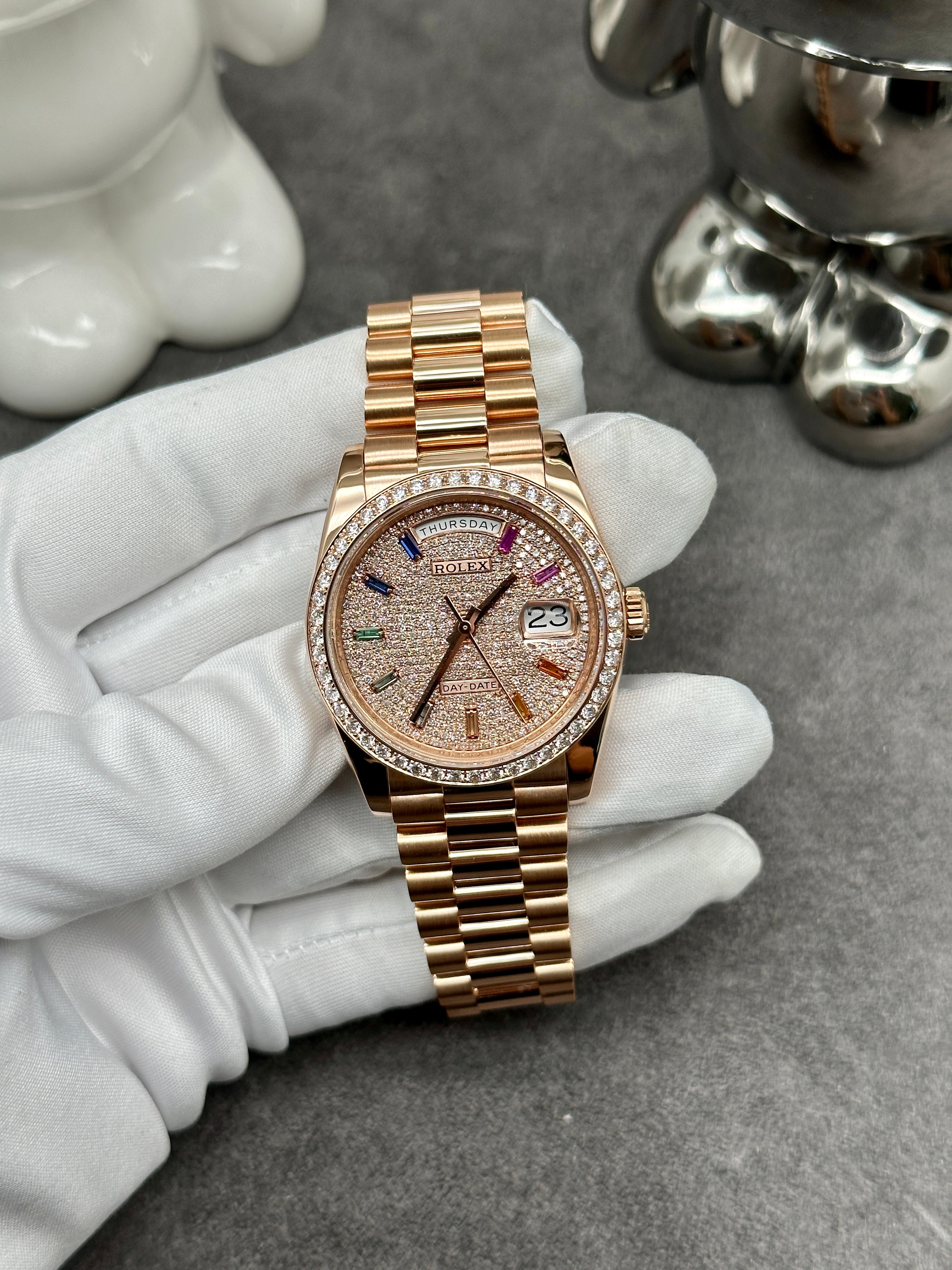 Rolex Day-Date Rose Gold Rainbow Diamond Pave Dial (2022)