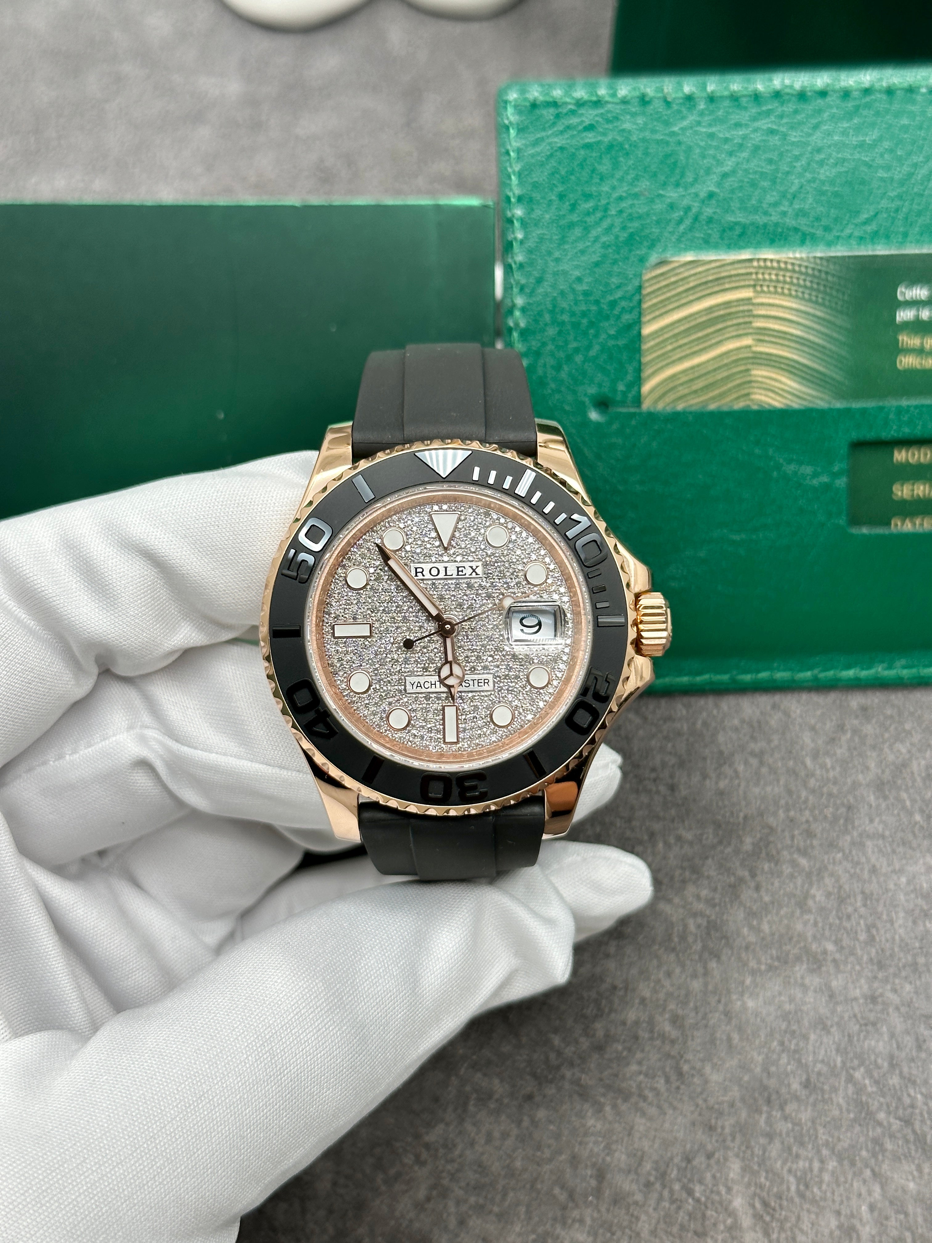 Rolex Yacht-Master 18kt Rose Gold Factory Diamond Dial Oyster Flex NEW