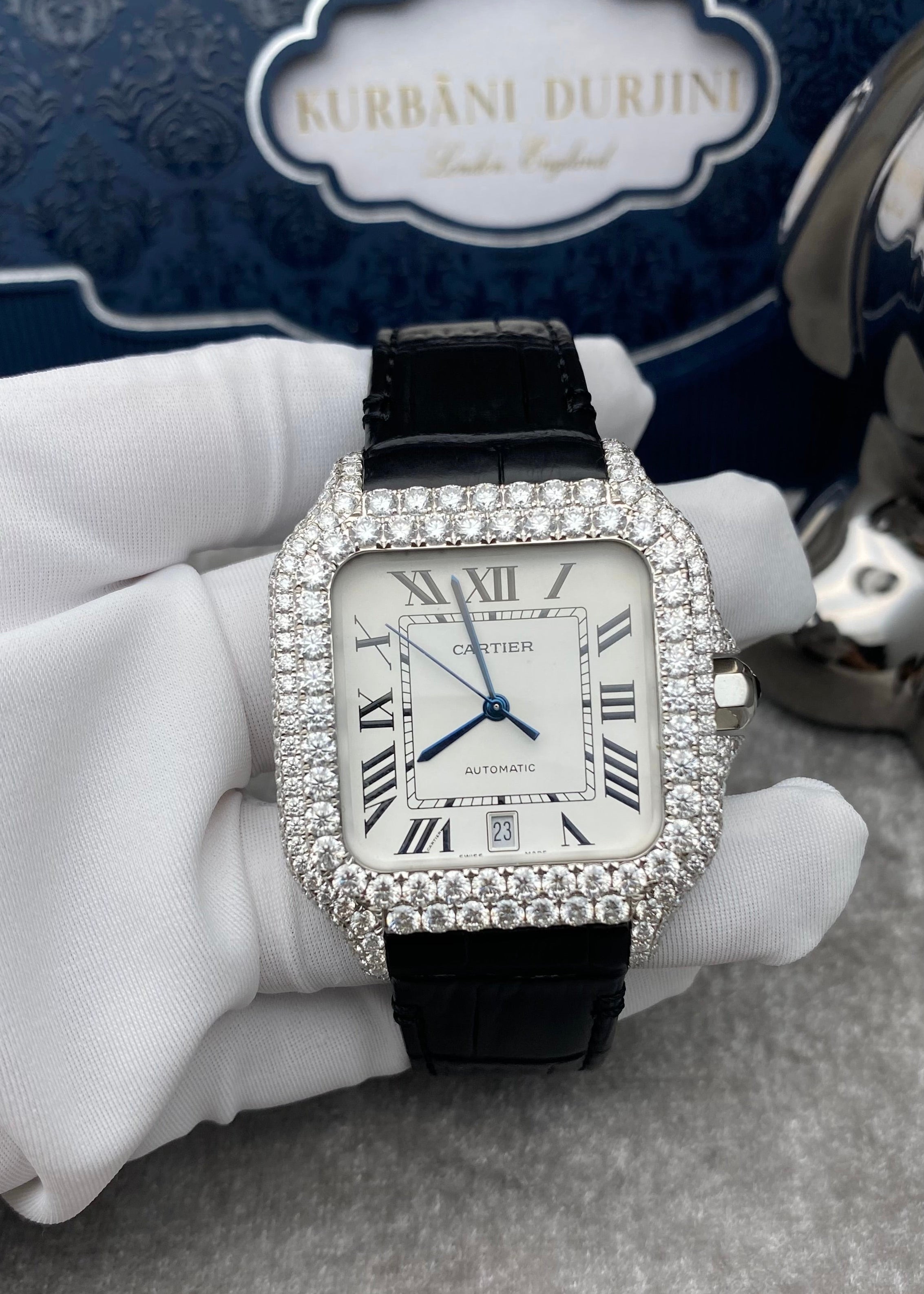 Customised Cartier Santos Large Steel Watch w/Diamond Pave Set and Leather Strap