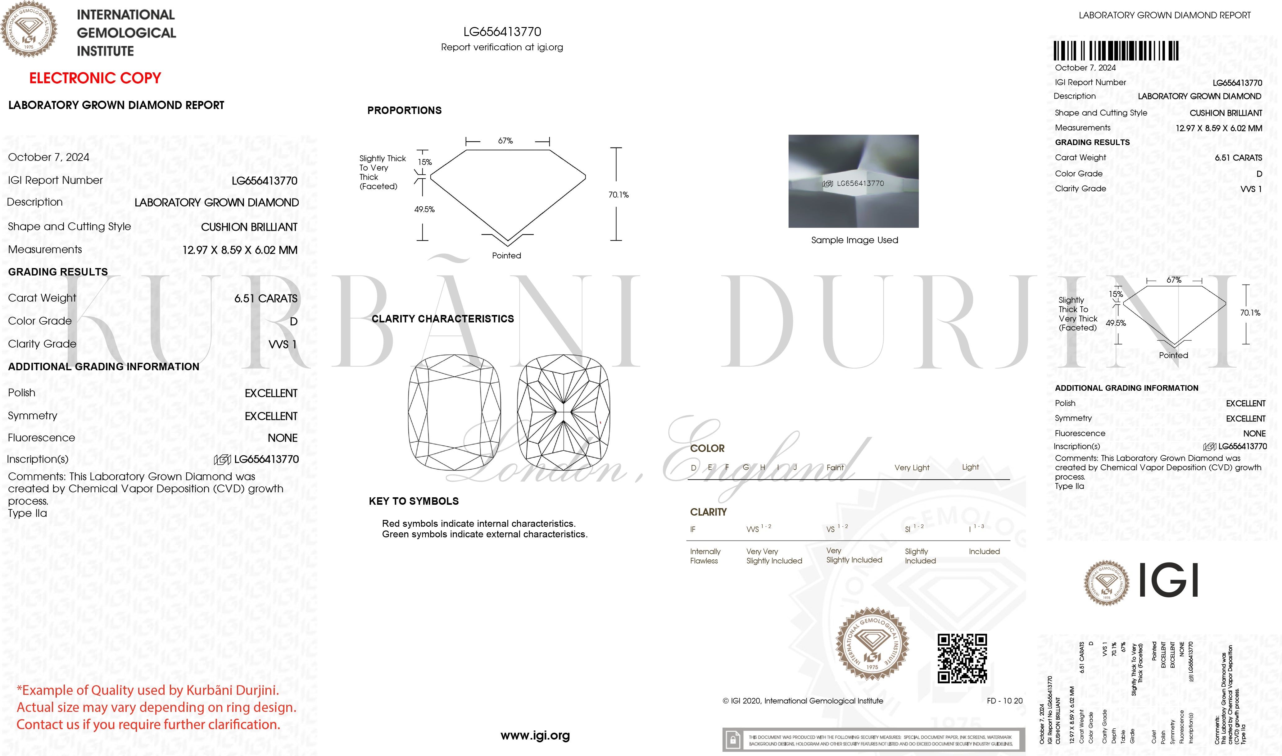 Kurbani Durjini IGI-Cushion Brilliant cut certificate.