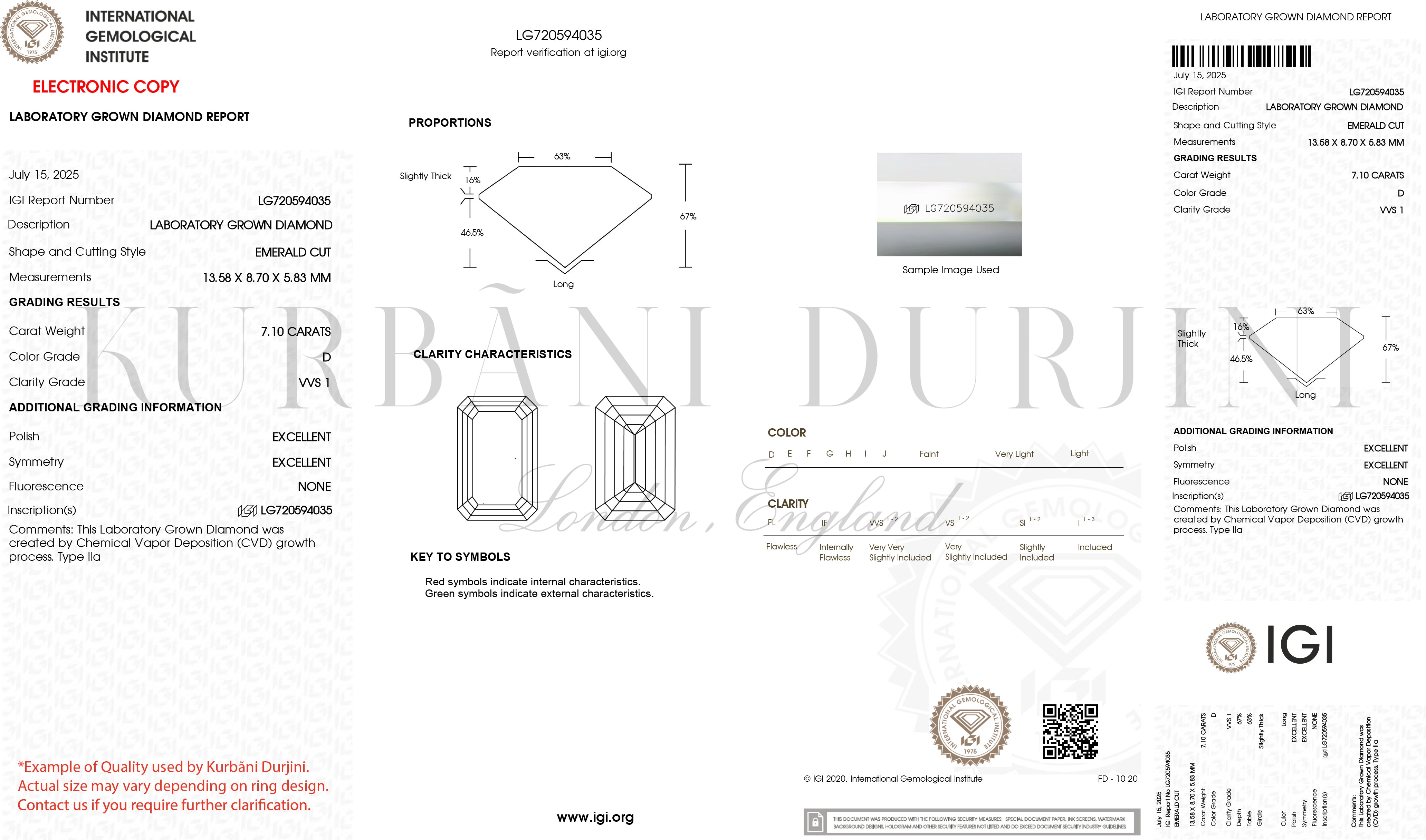 IGI certified emerald cut diamond grading report with Kurbãni Durjini