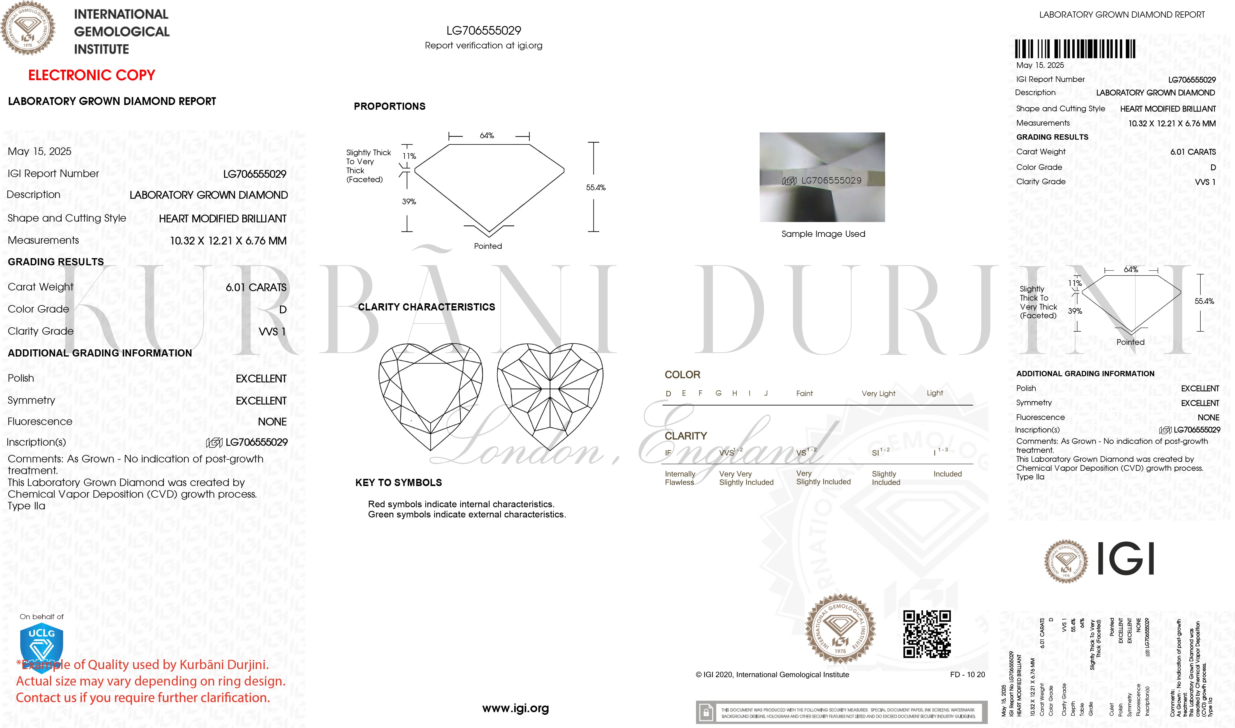 IGI heart modified brilliant diamond certificate grading report with Kurbãni Dujrini.