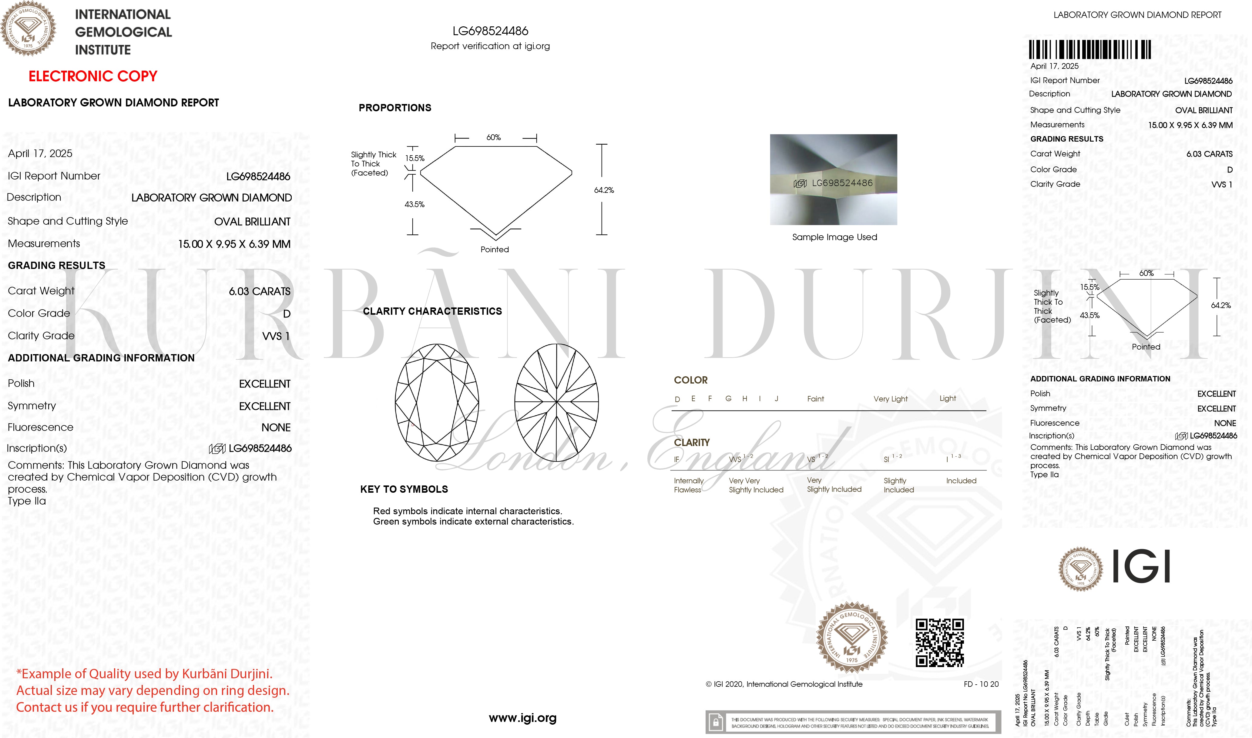 IGI certified Oval Brilliant cut diamond grading report with Kurbãni Durjini