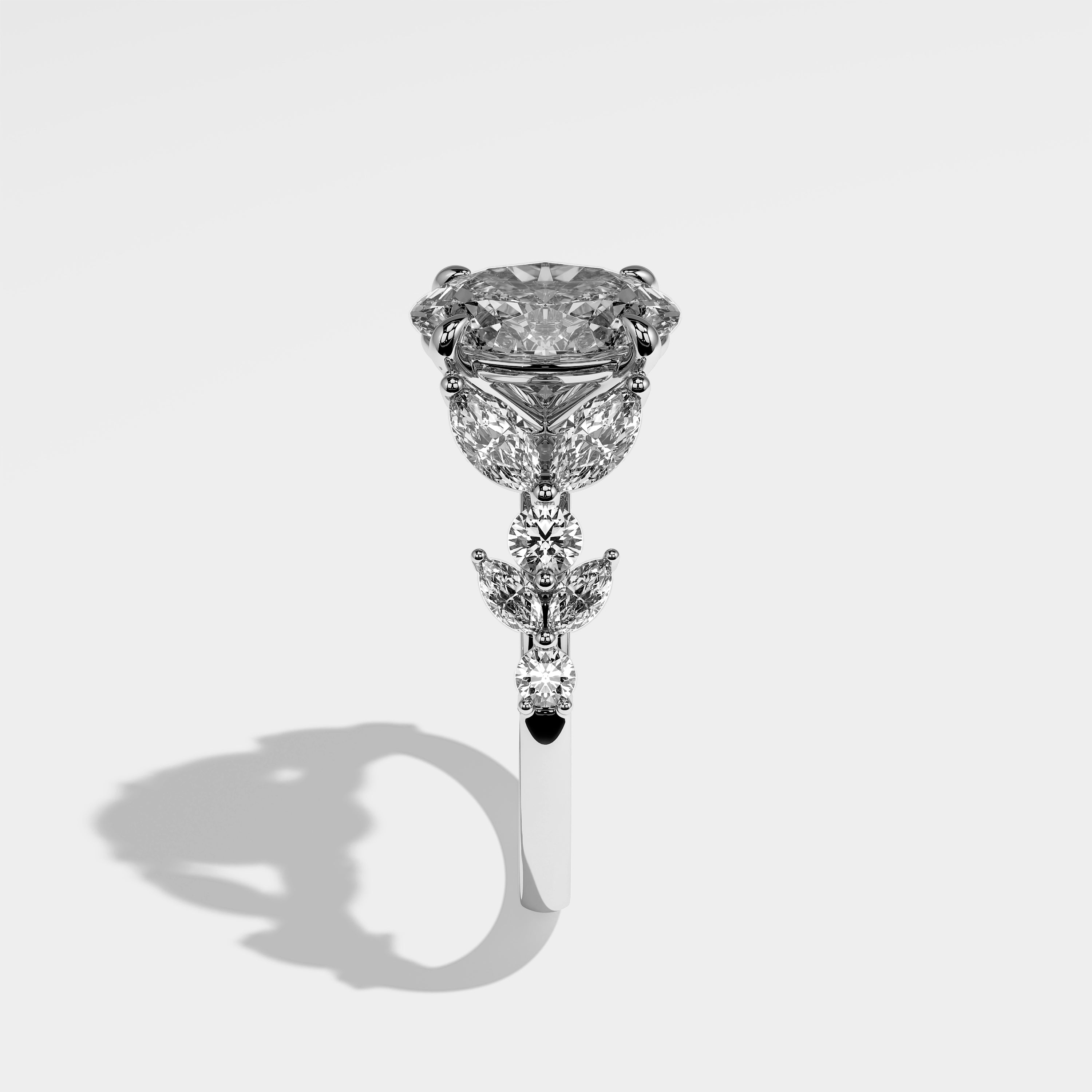 Halo oval-cut diamond engagement ring in 18K white gold by Kurbãni Durjini, side view
