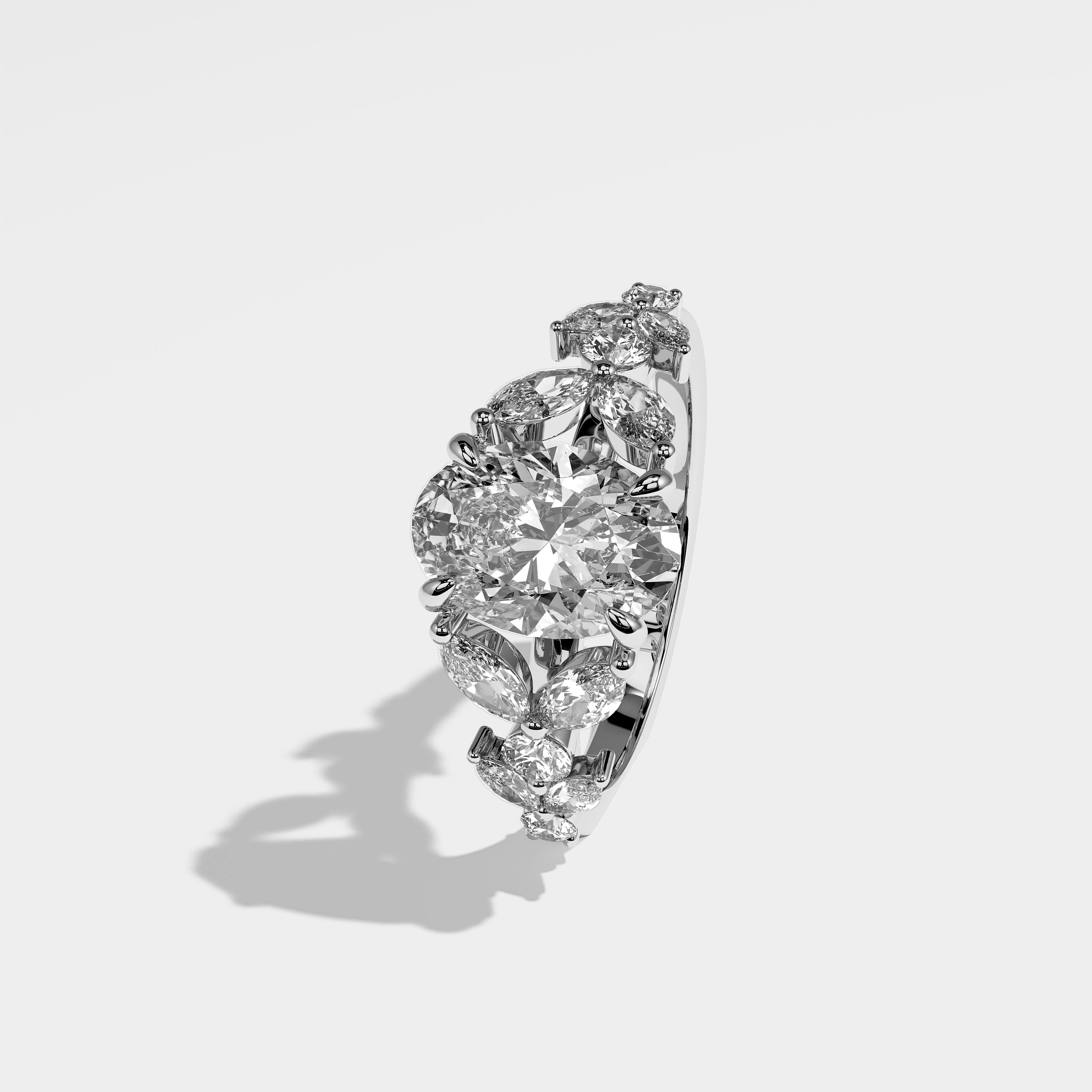Halo oval-cut diamond engagement ring in 18K white gold by Kurbãni Durjini, left side view
