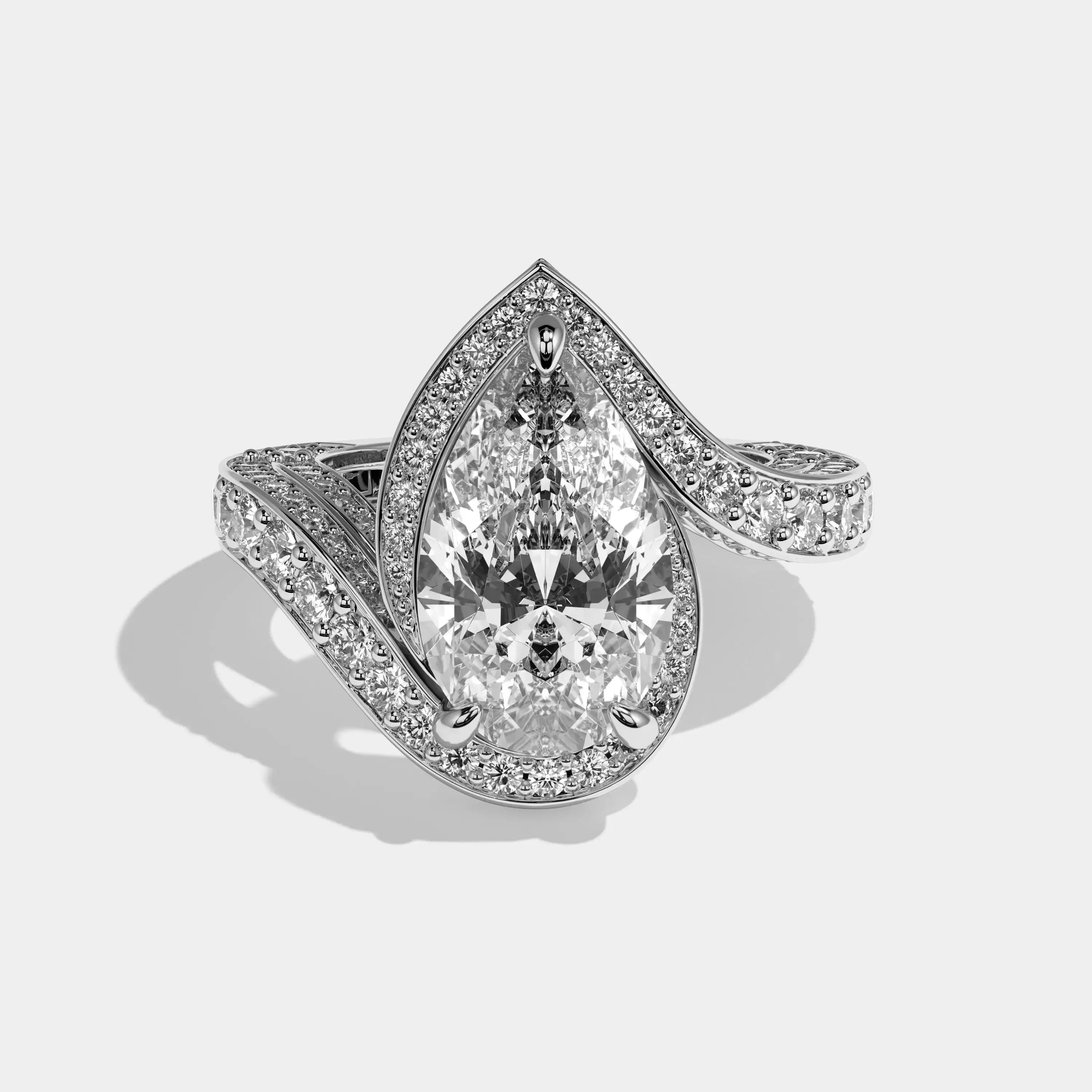 Marisa Diamond Pear Halo Engagement Ring White Gold by Kurbani Durjini, front view.