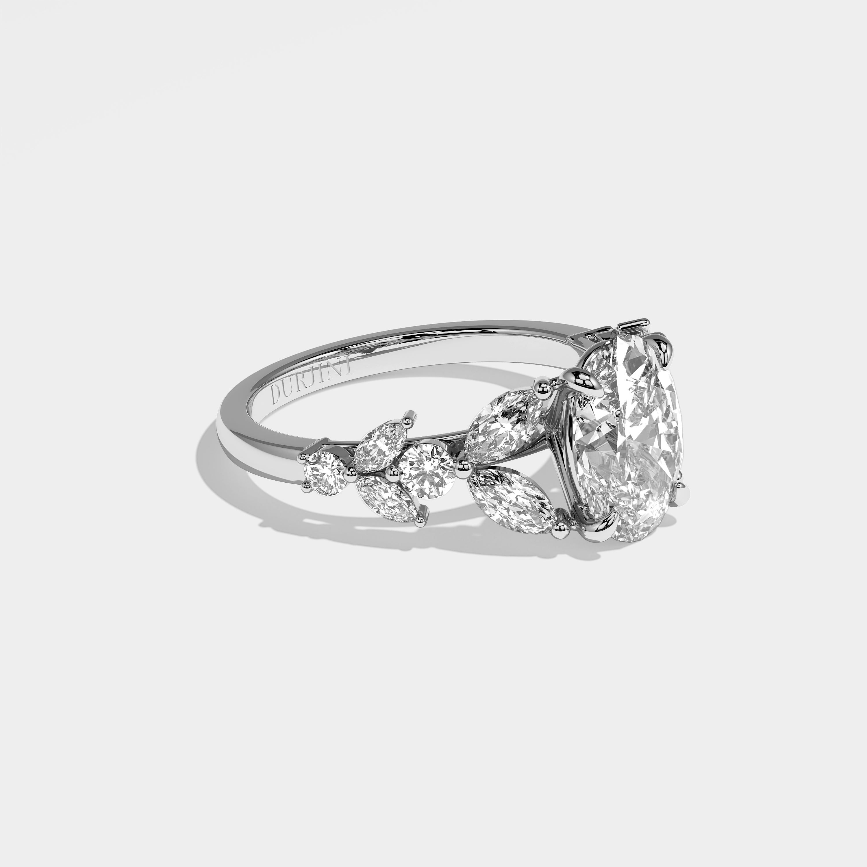 Halo oval-cut diamond engagement ring in 18K white gold by Kurbãni Durjini, right side view