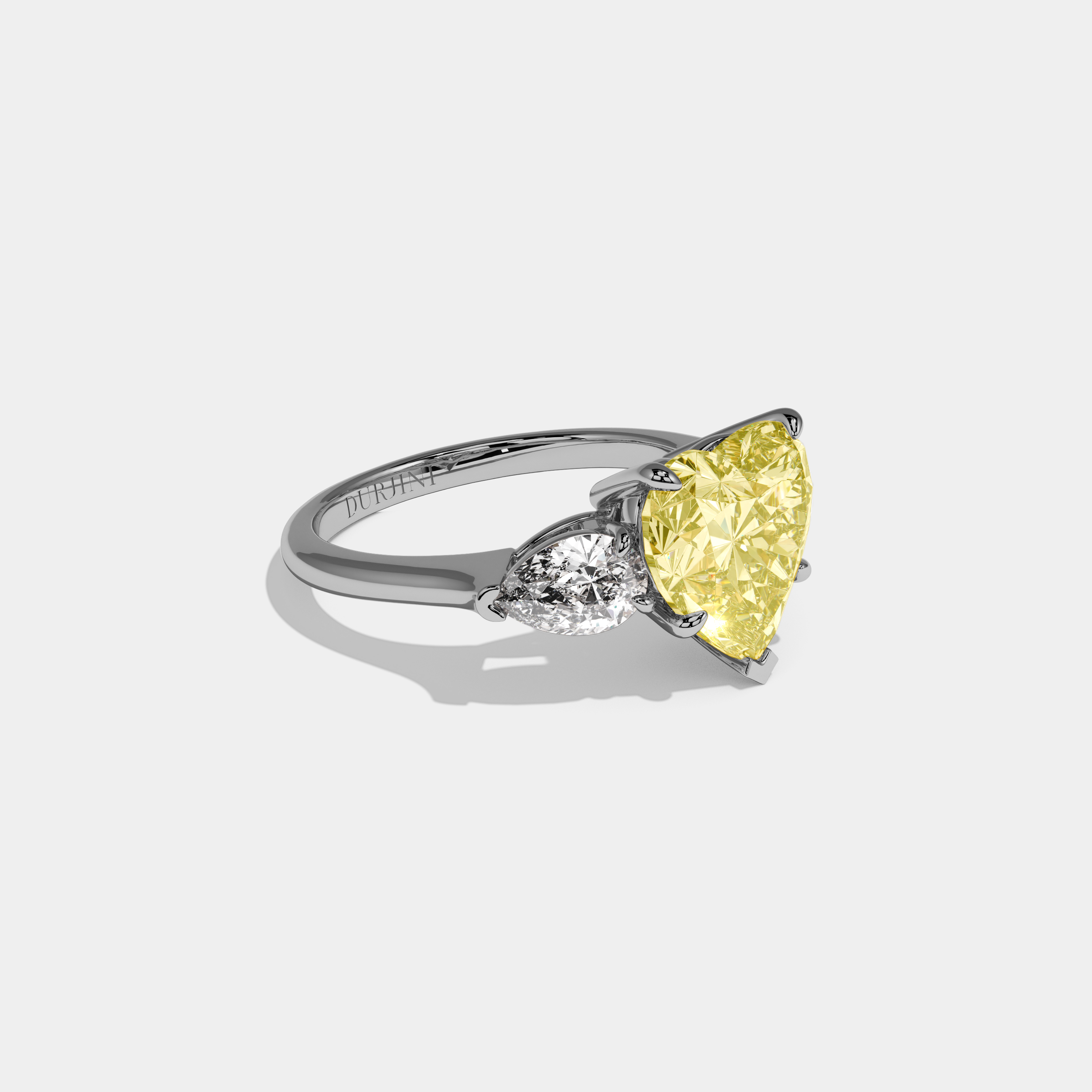 Philippa Fancy Yellow Heart Cut Diamond Plain Band With Pear Cut Sides Engagement Ring 8ct 18K White Gold