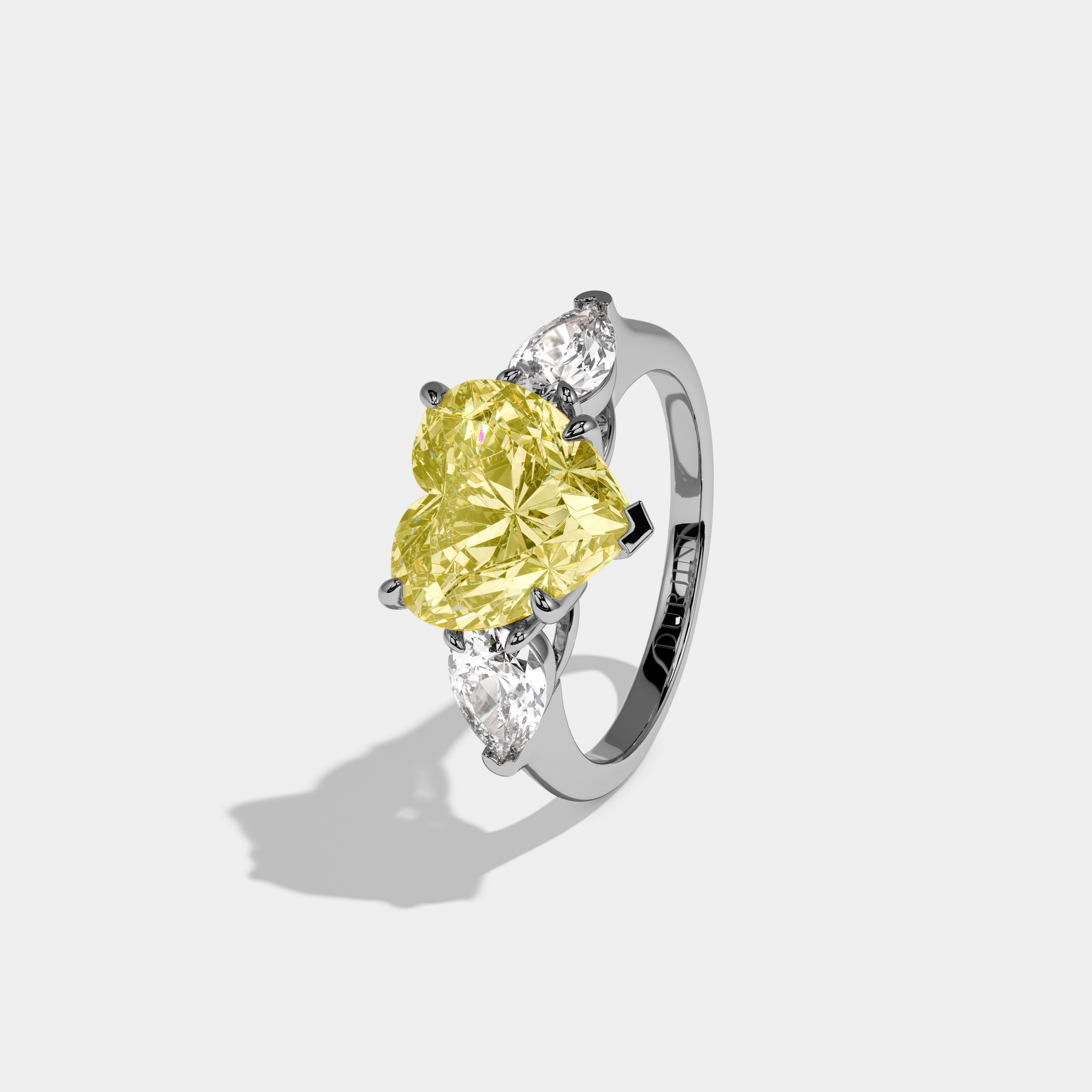 Philippa Fancy Yellow Heart Cut Diamond Plain Band With Pear Cut Sides Engagement Ring 8ct 18K White Gold