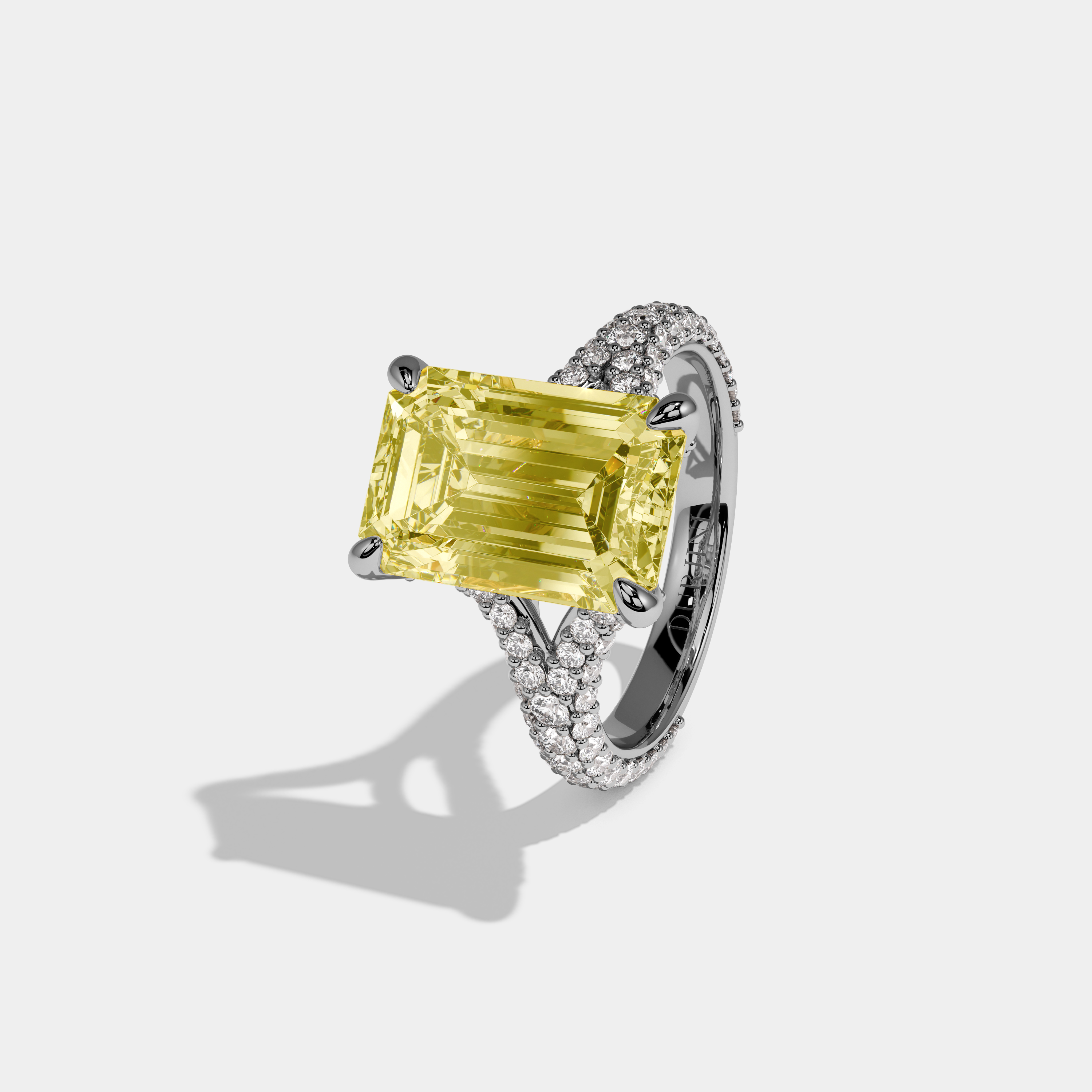 Lavinia Fancy Yellow Emerald Cut Diamond Band Engagement Ring 8ct 18K White Gold