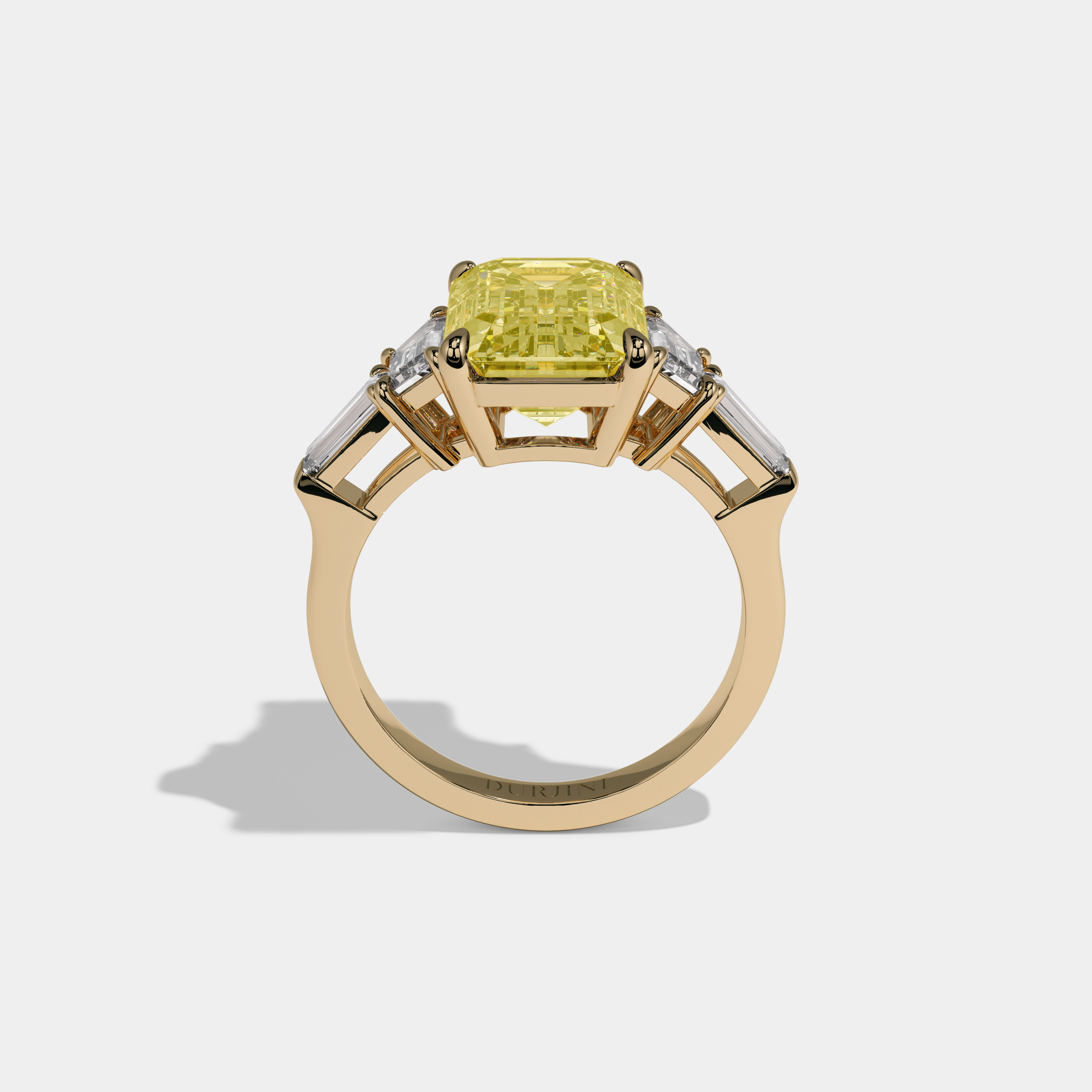 Victoria Fancy Yellow Emerald Cut Diamond Plain Band With Step Cut Sides Engagement Ring 8ct 18K Yellow Gold