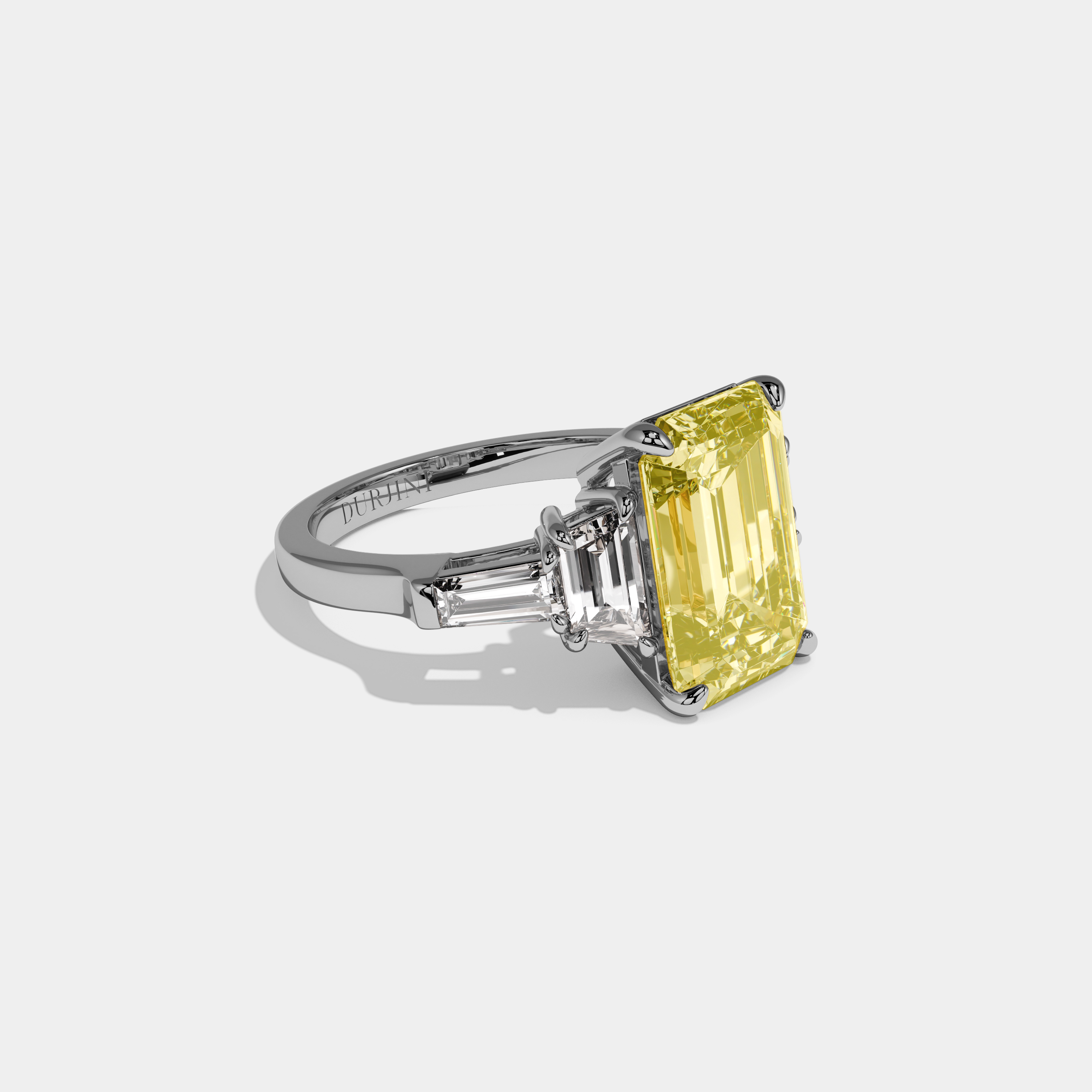 Lucinda Fancy Yellow Emerald Cut Diamond Plain Band With Step Cut Sides Engagement Ring 8ct 18K White Gold