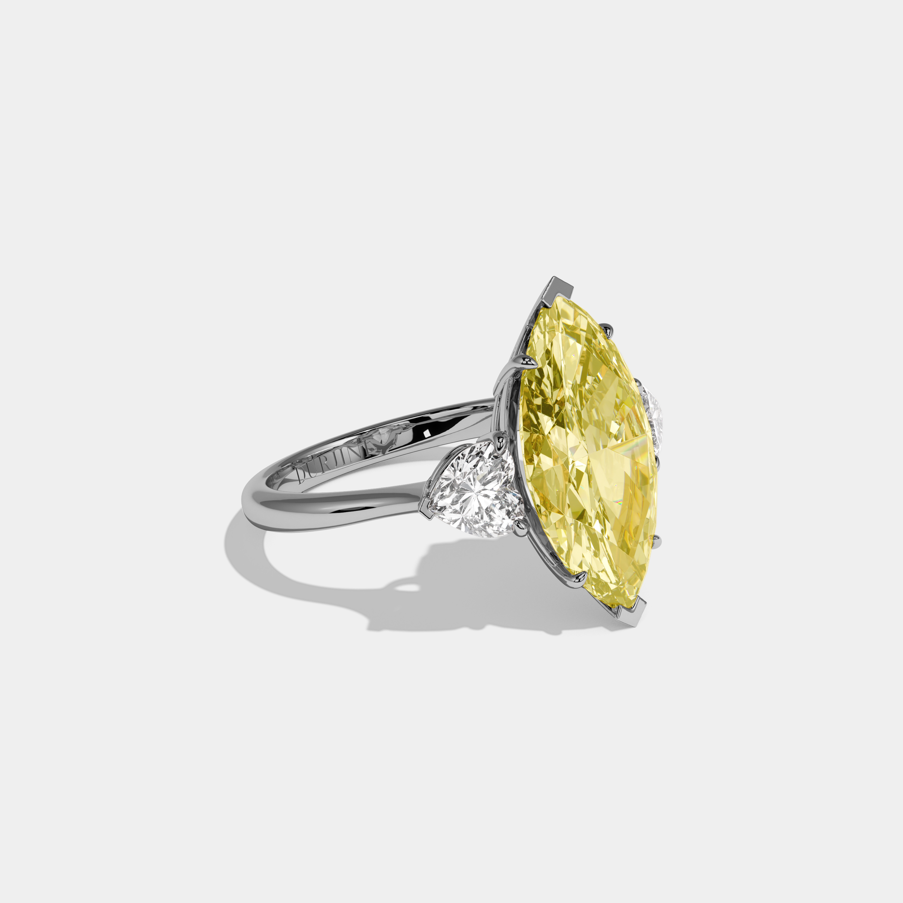 Isadora Fancy Yellow Marquise Cut Diamond Plain Band With Heart Cut Sides Engagement Ring 8ct 18K White Gold
