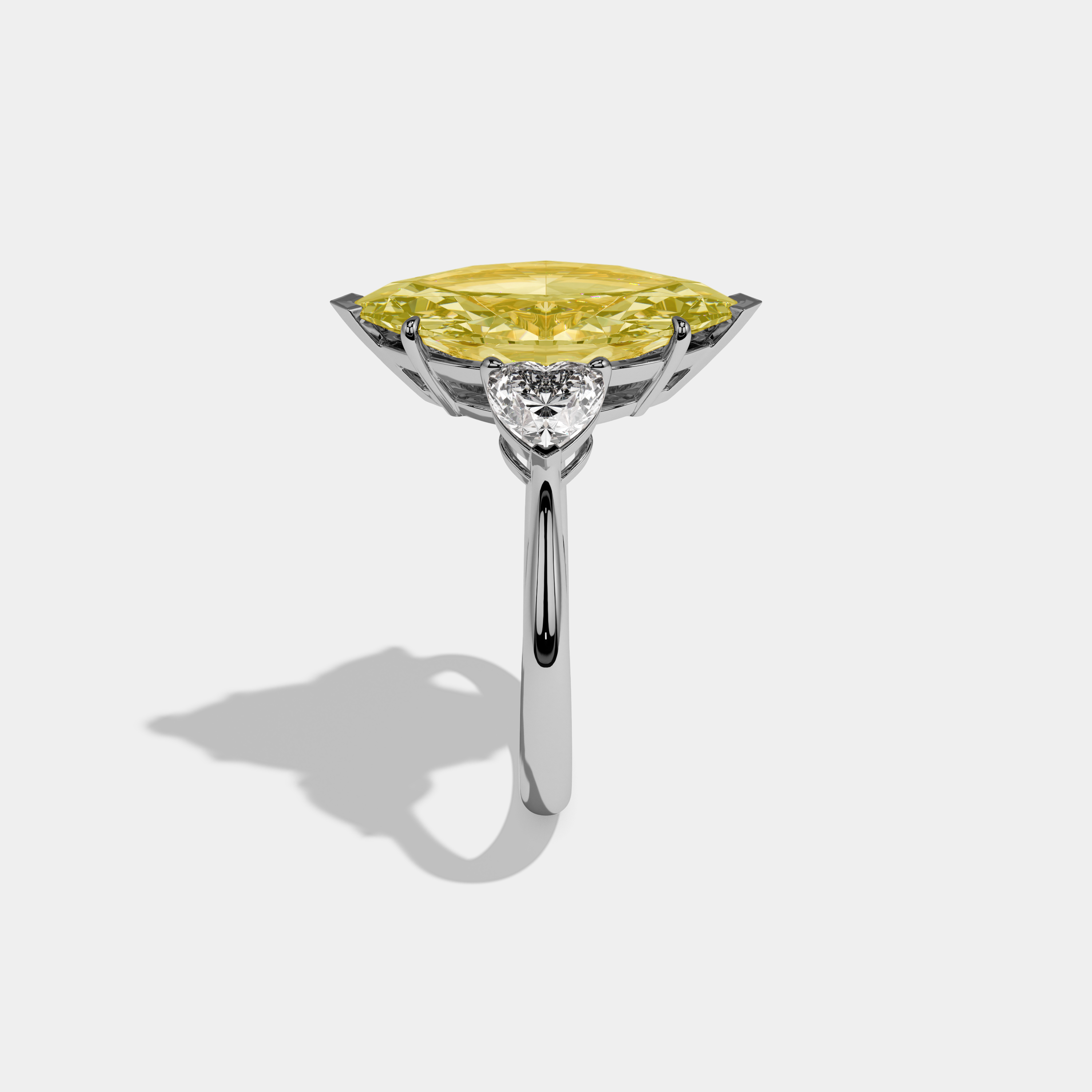 Isadora Fancy Yellow Marquise Cut Diamond Plain Band With Heart Cut Sides Engagement Ring 8ct 18K White Gold