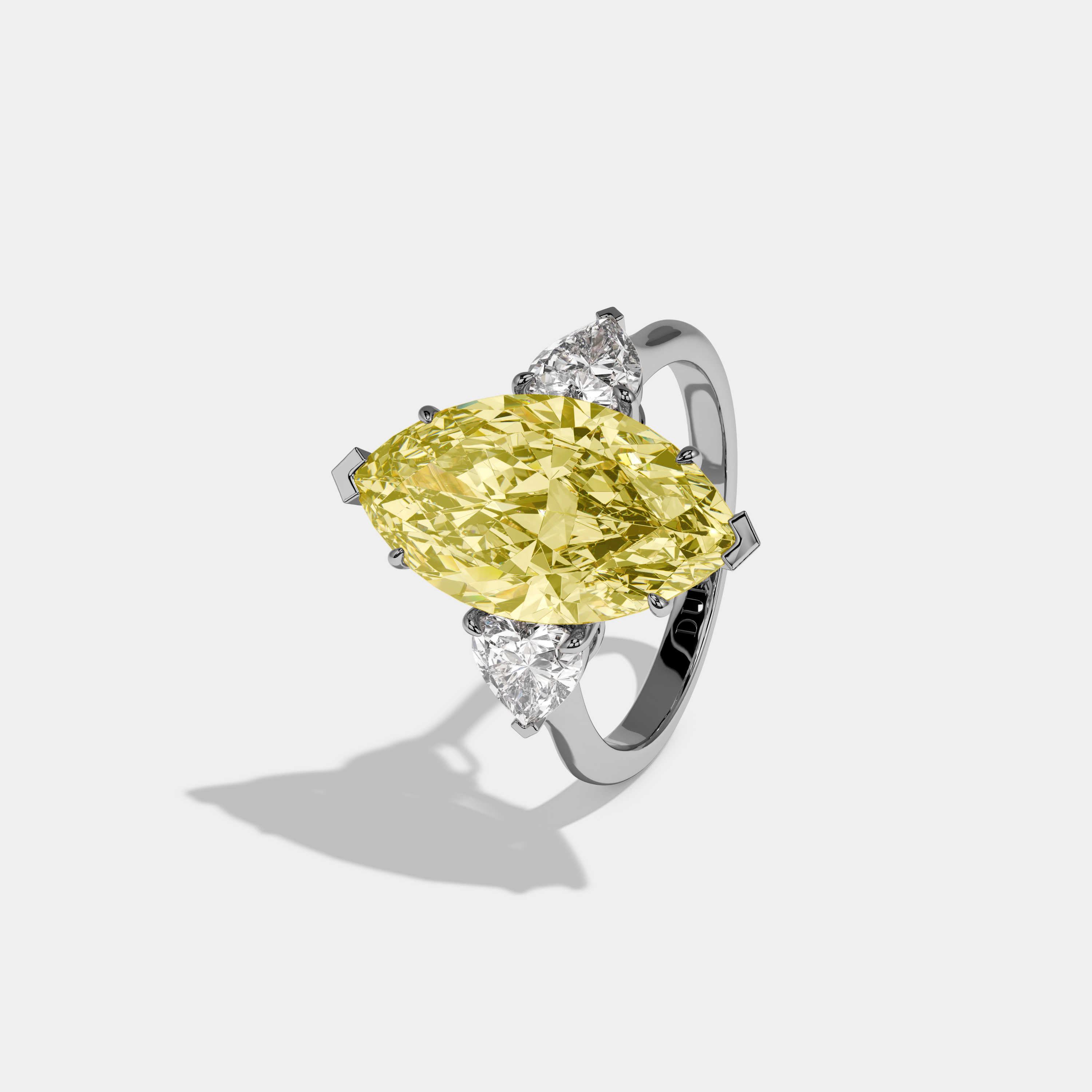 Isadora Fancy Yellow Marquise Cut Diamond Plain Band With Heart Cut Sides Engagement Ring 8ct 18K White Gold