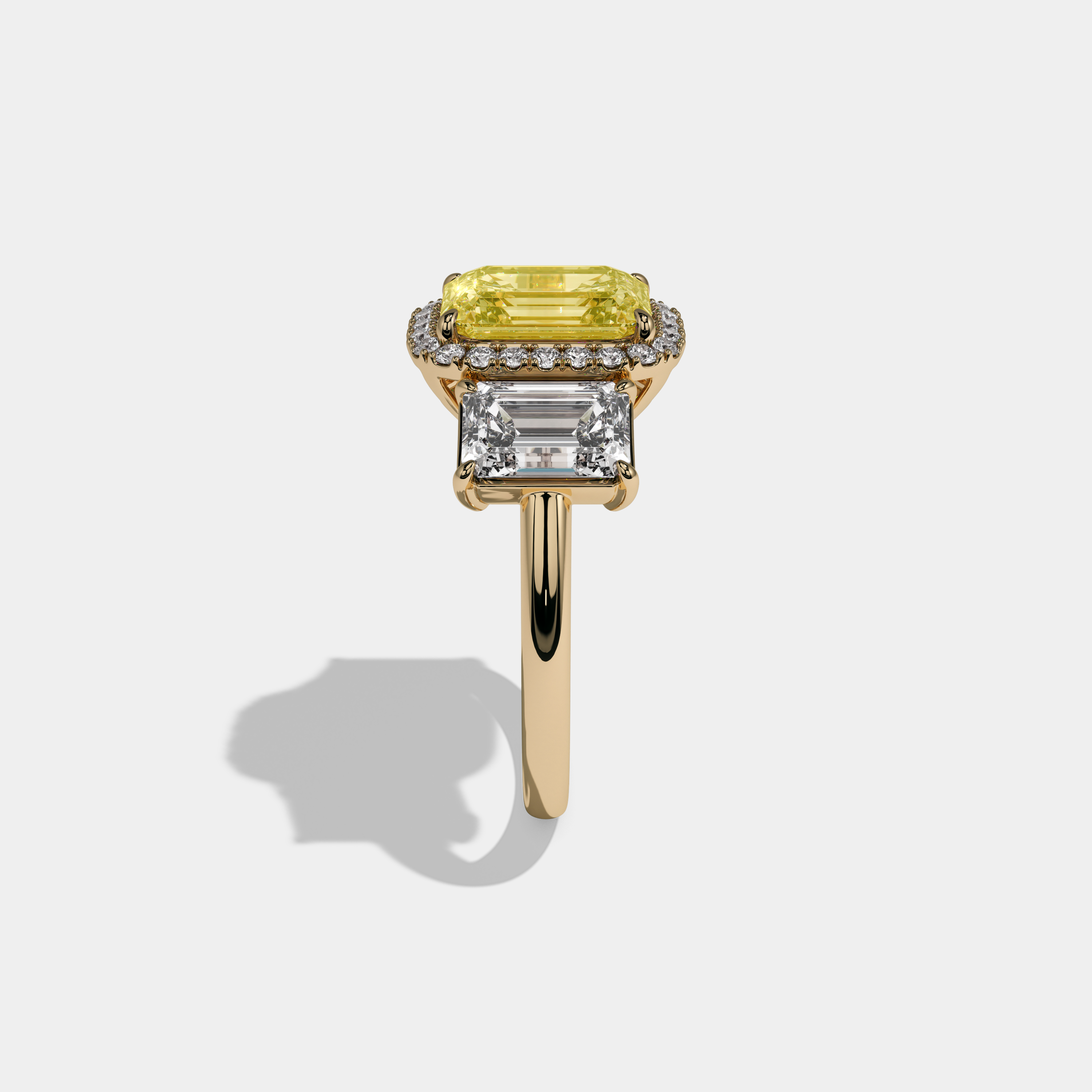 Victoria Fancy Yellow Emerald Cut Diamond Plain Band With Emerald Cut Sides Engagement Ring 8ct 18K Yellow Gold