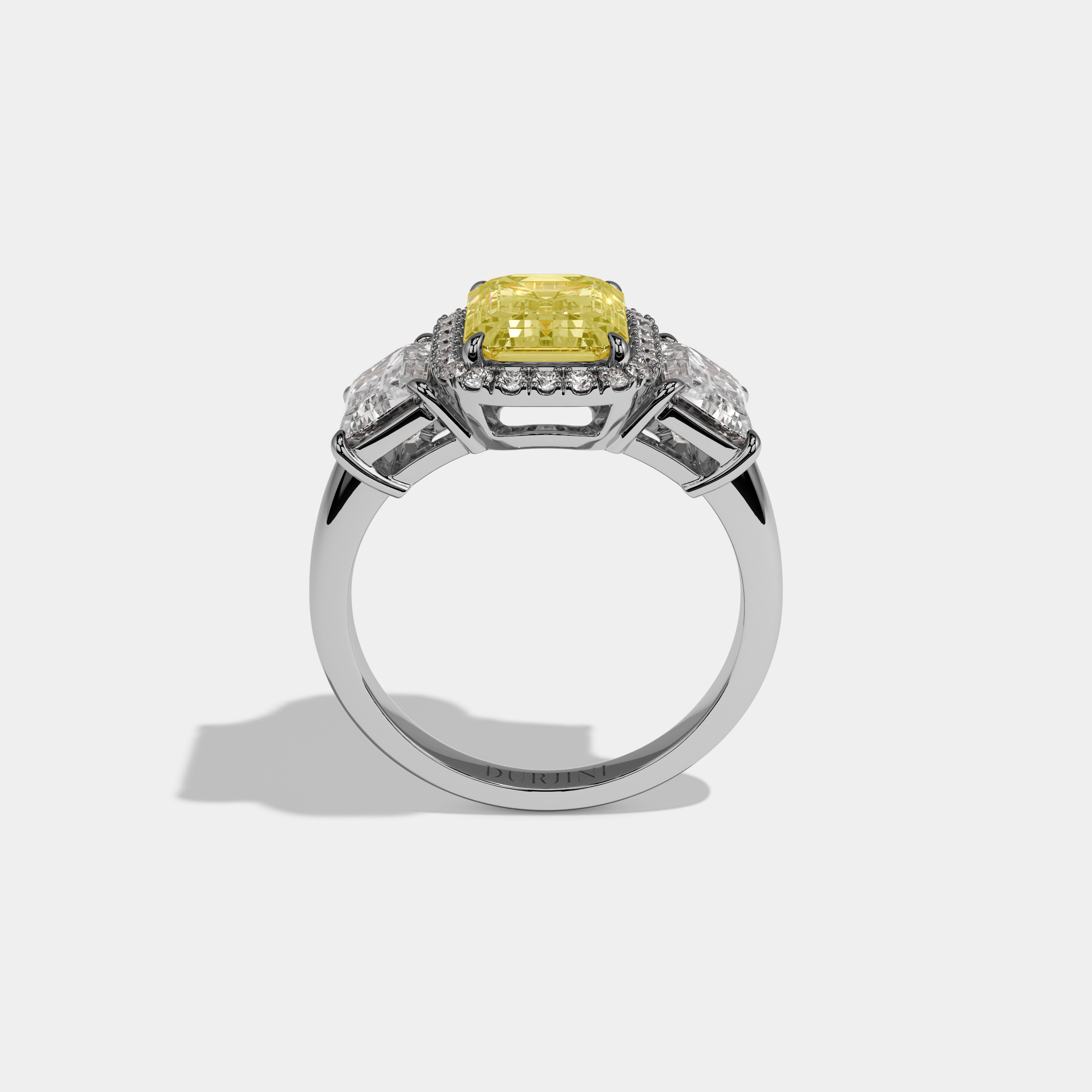 Isadora Fancy Yellow Emerald Cut Diamond Plain Band With Emerald Cut Sides Engagement Ring 8ct 18K White Gold