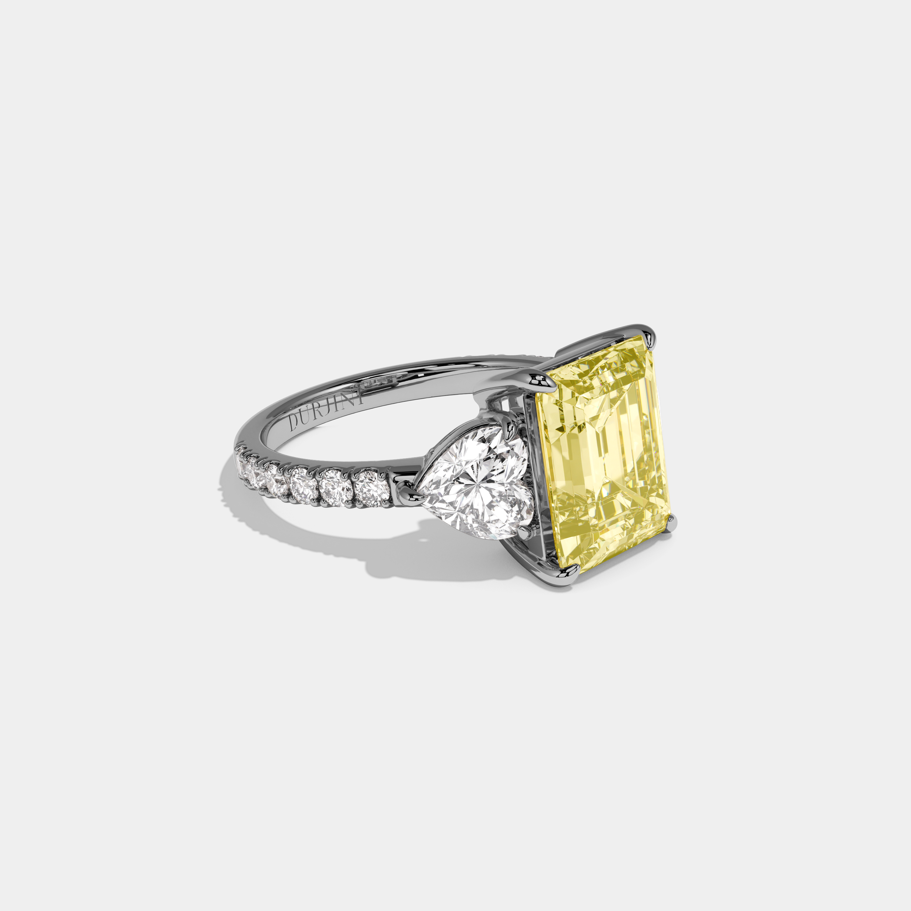 Dorothea Fancy Yellow Emerald Cut Diamond Band With Heart Cut Sides Engagement Ring 8ct 18K White Gold