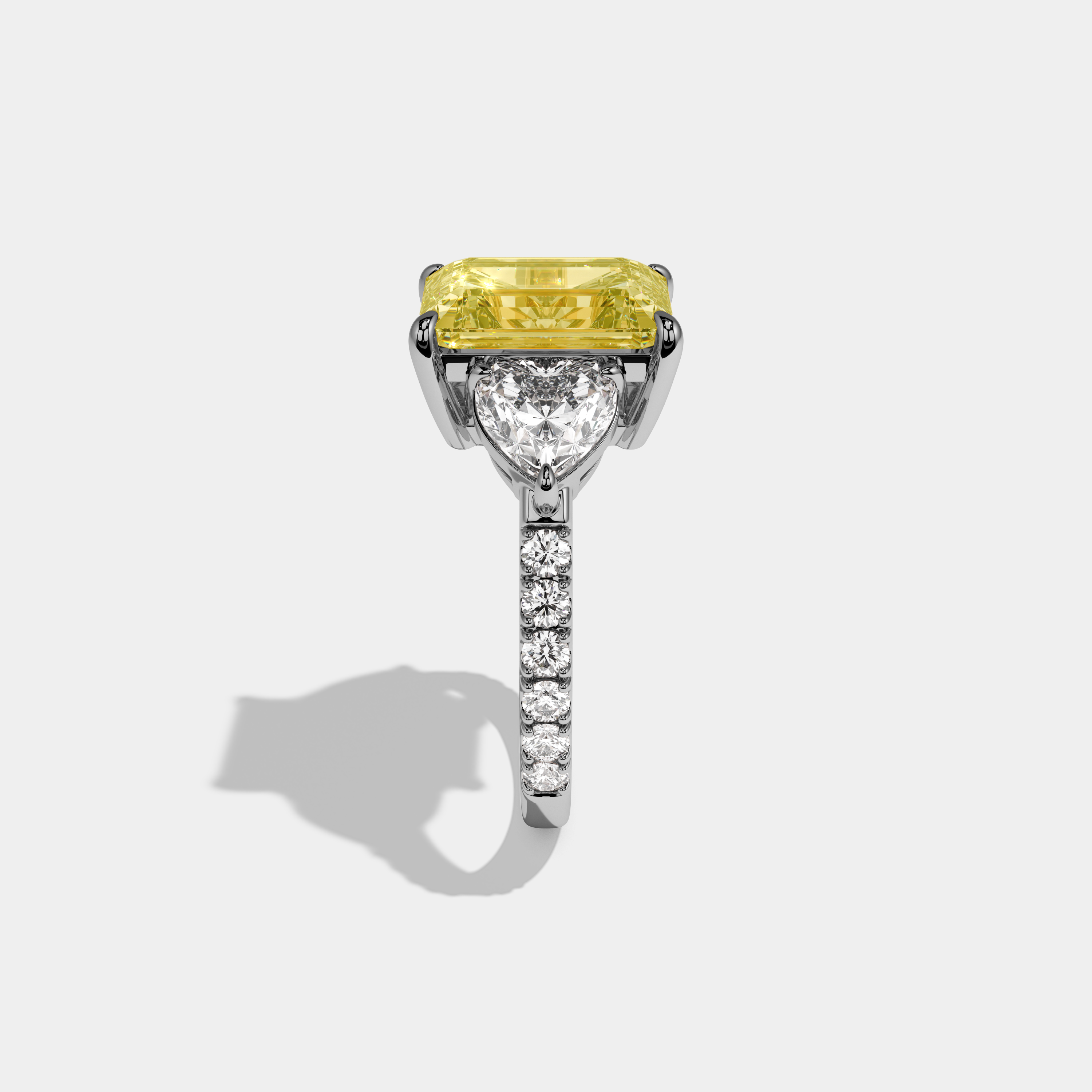 Dorothea Fancy Yellow Emerald Cut Diamond Band With Heart Cut Sides Engagement Ring 8ct 18K White Gold