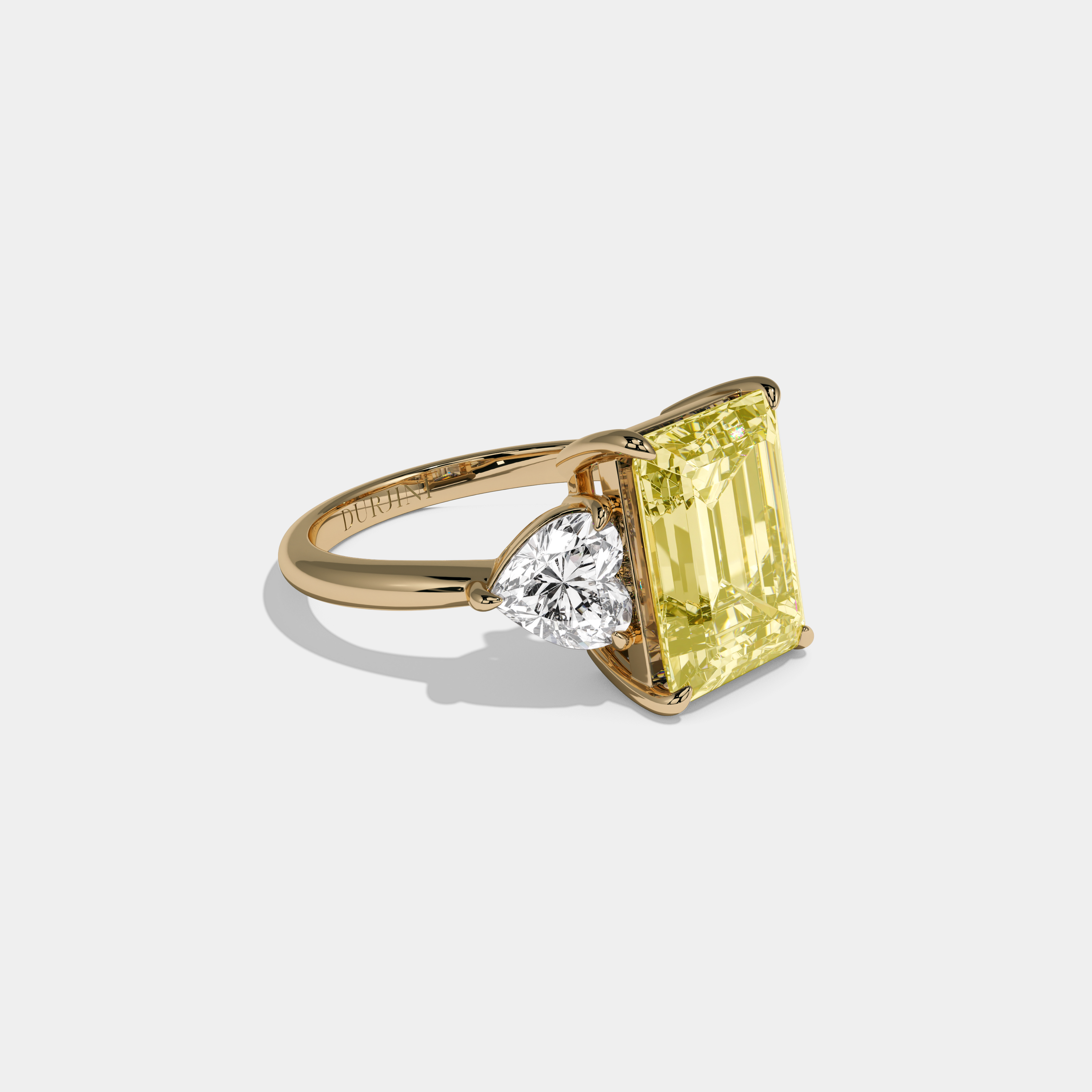 Victoria Fancy Yellow Emerald Cut Diamond Plain Band With Heart Cut Sides Engagement Ring 8ct 18K Yellow Gold