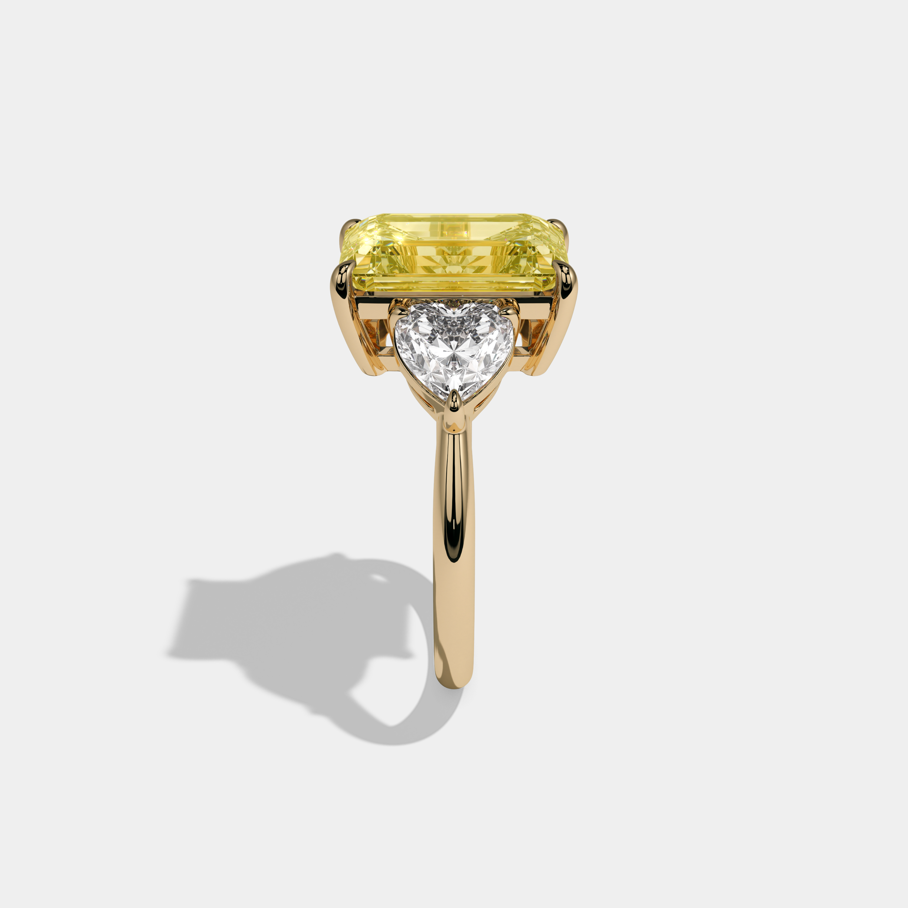 Victoria Fancy Yellow Emerald Cut Diamond Plain Band With Heart Cut Sides Engagement Ring 8ct 18K Yellow Gold