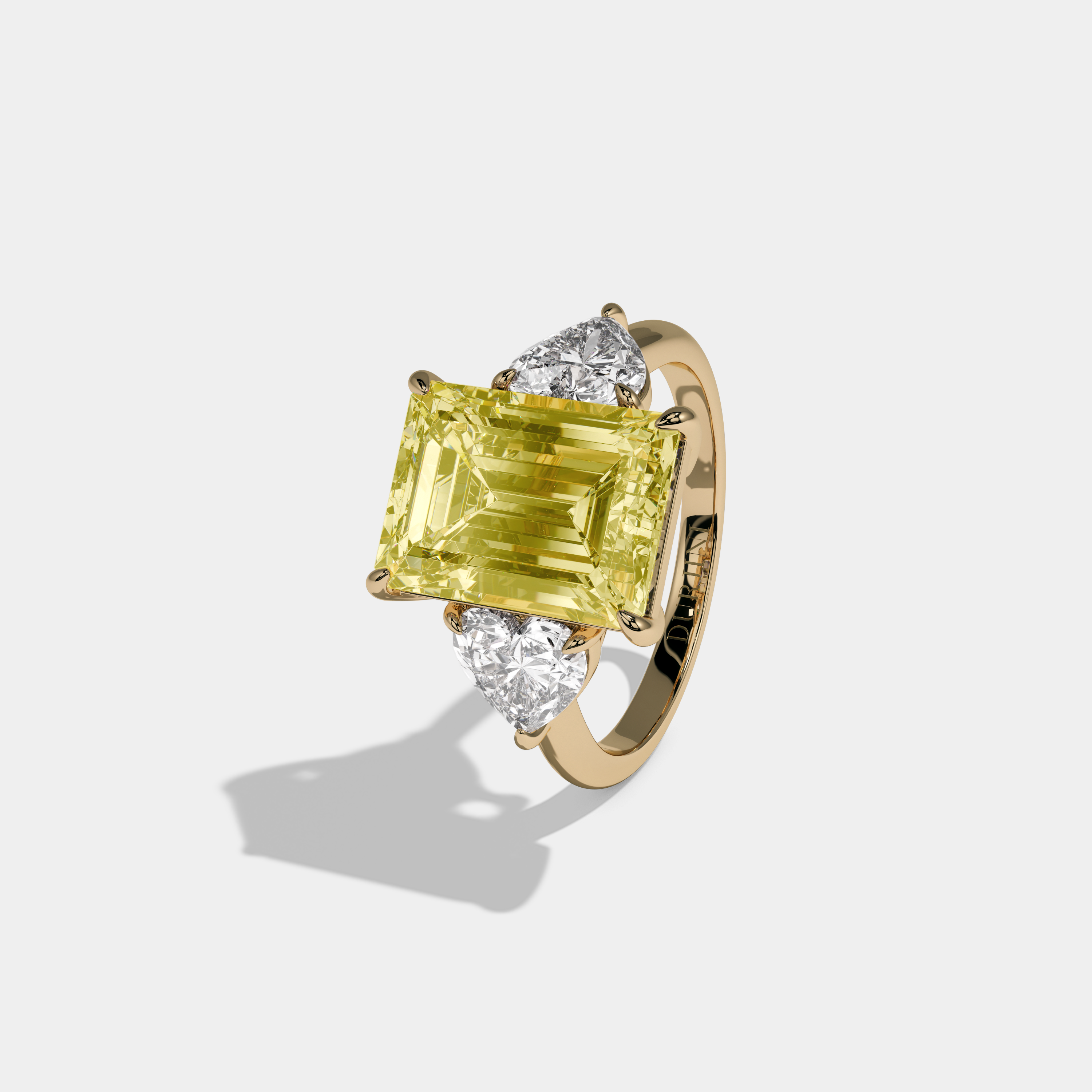 Victoria Fancy Yellow Emerald Cut Diamond Plain Band With Heart Cut Sides Engagement Ring 8ct 18K Yellow Gold