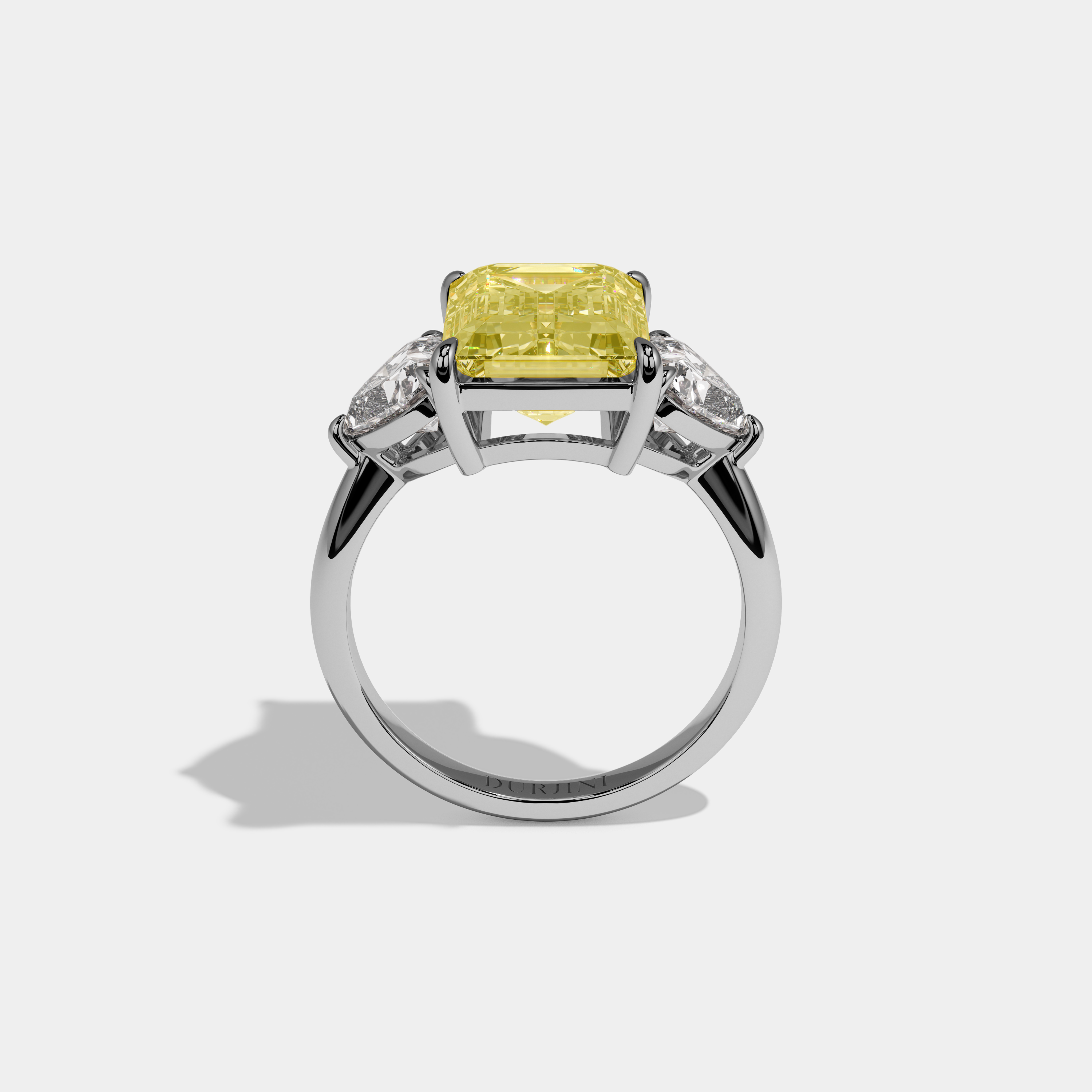 Georgiana Fancy Yellow Emerald Cut Diamond Plain Band With Heart Cut Sides Engagement Ring 8ct 18K White Gold