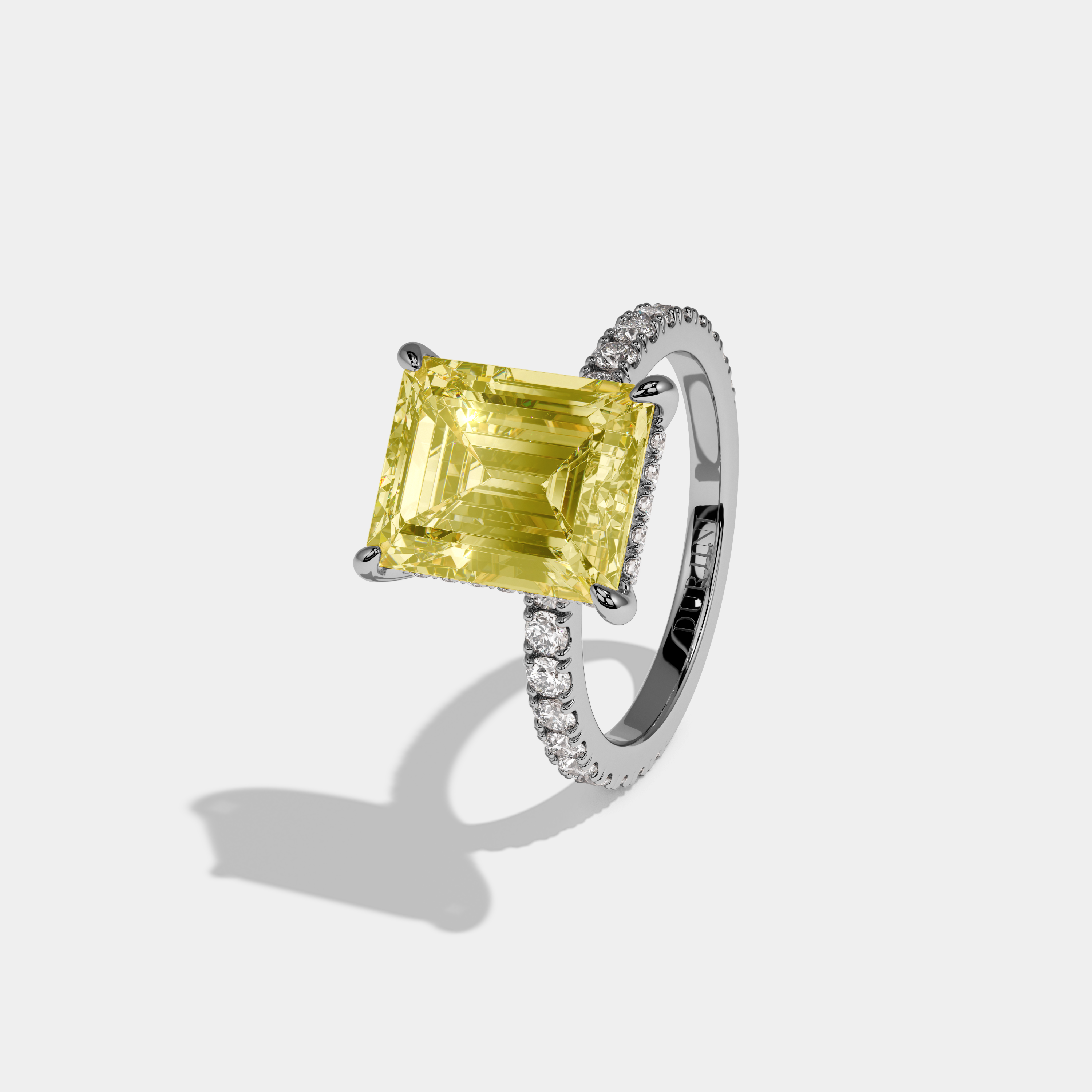 Matilda Fancy Yellow Emerald Cut Diamond Band Engagement Ring 7ct 18K White Gold
