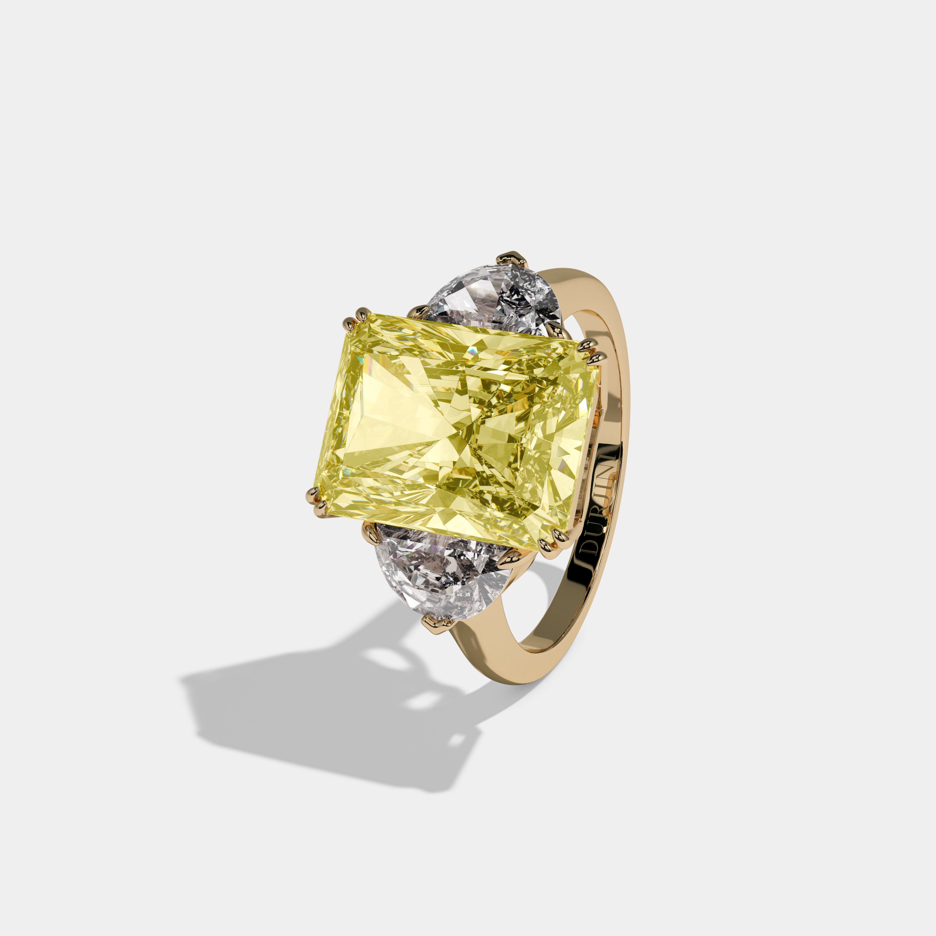 Victoria Fancy Yellow Radiant Cut Diamond Plain Band With Half Moon Sides Engagement Ring 8ct 18K Yellow Gold