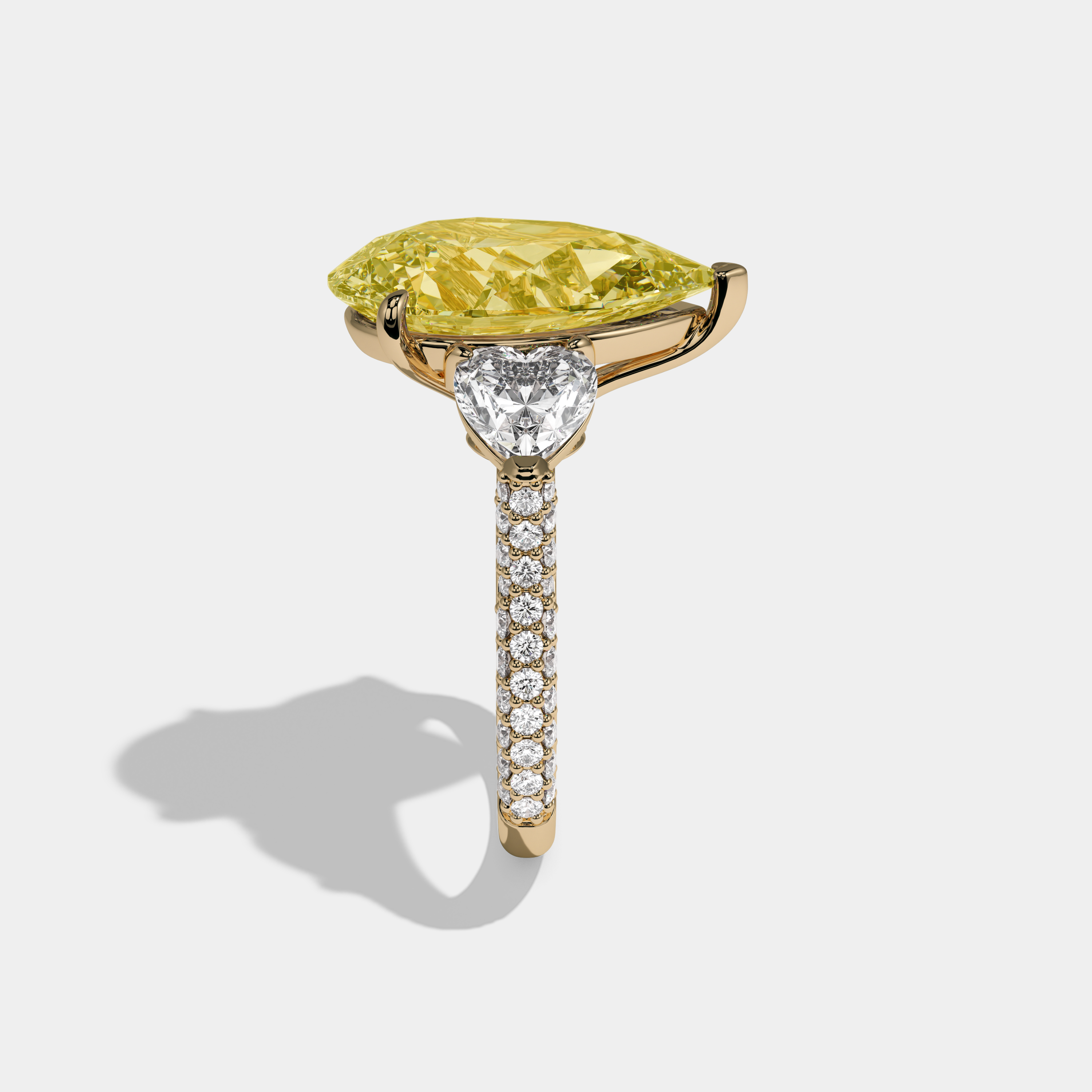 Victoria Fancy Yellow Pear Cut Diamond Band With Heart Cut Sides Engagement Ring 9ct 18K Yellow Gold