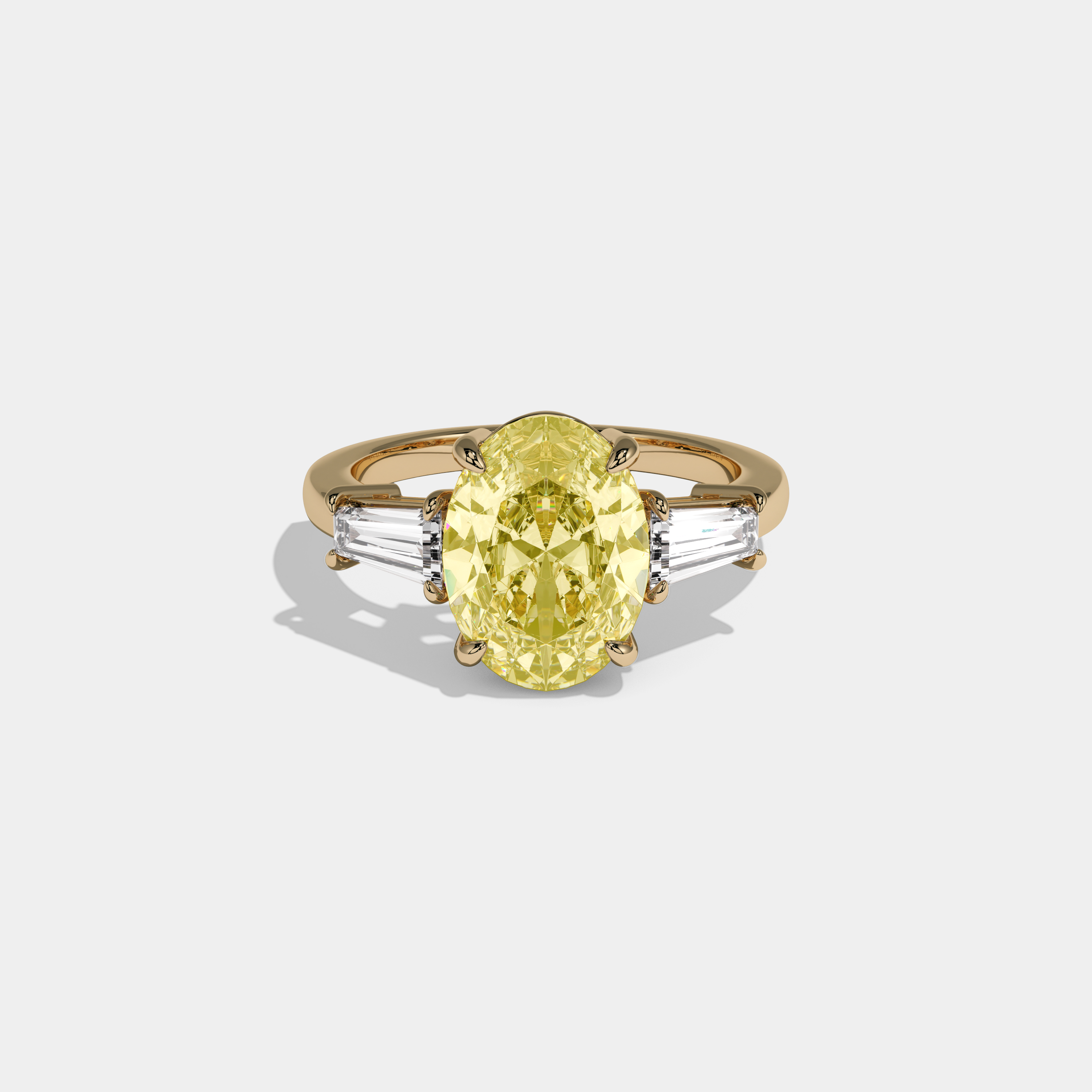 Victoria Fancy Yellow Oval Cut Diamond Plain Band Engagement Ring With Baguette Cut Sides 6ct 18K Yellow Gold