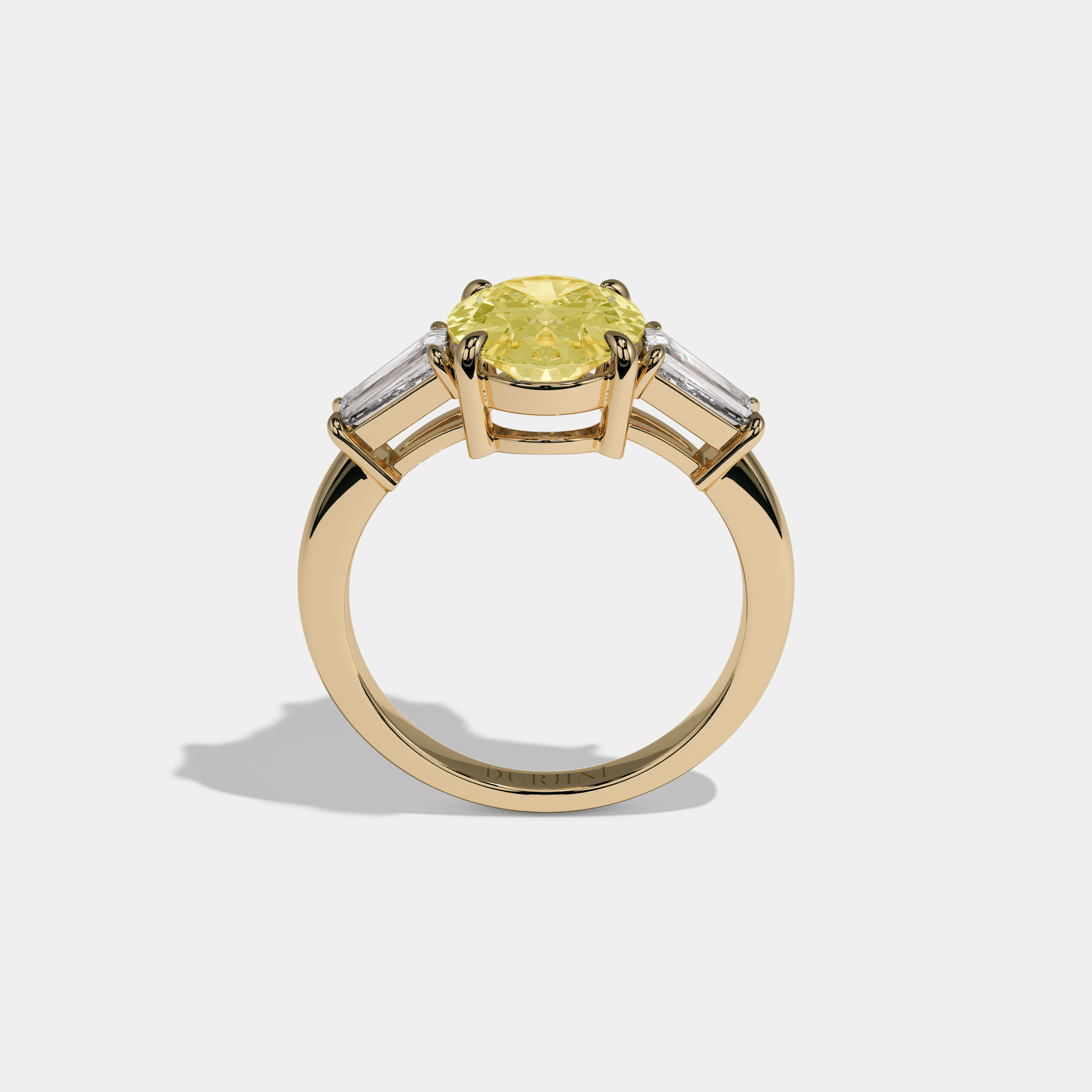 Victoria Fancy Yellow Oval Cut Diamond Plain Band Engagement Ring With Baguette Cut Sides 6ct 18K Yellow Gold
