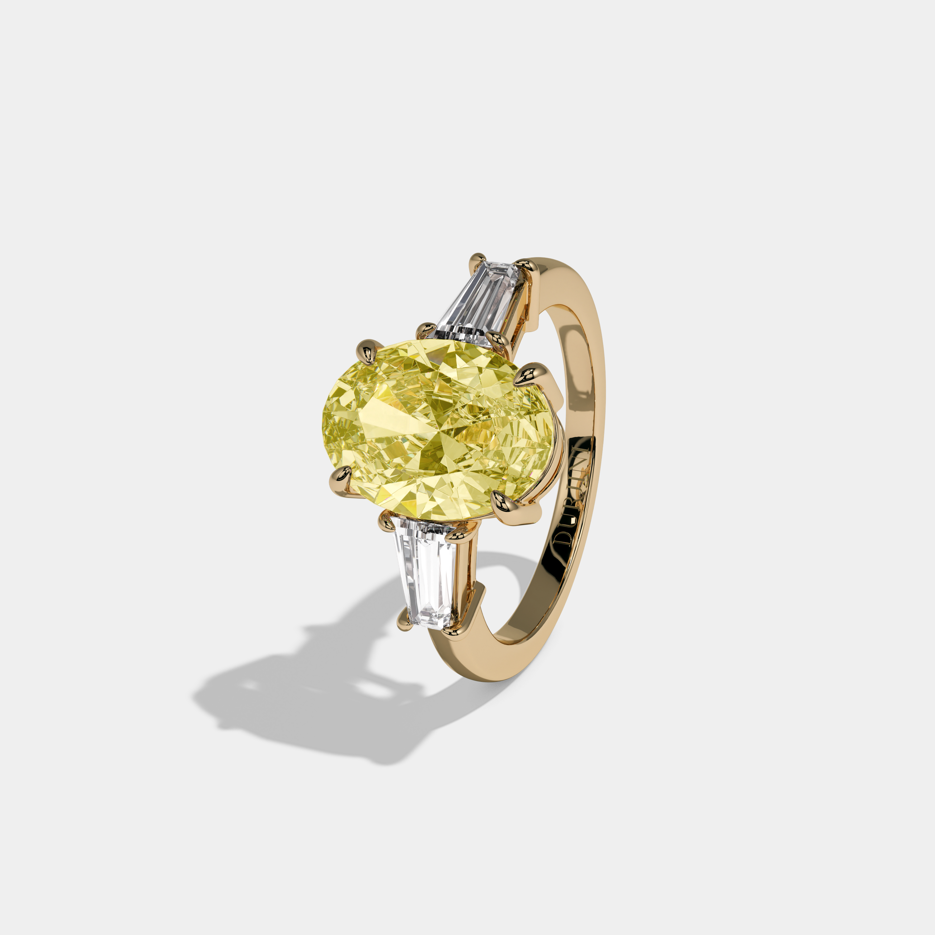 Victoria Fancy Yellow Oval Cut Diamond Plain Band Engagement Ring With Baguette Cut Sides 6ct 18K Yellow Gold
