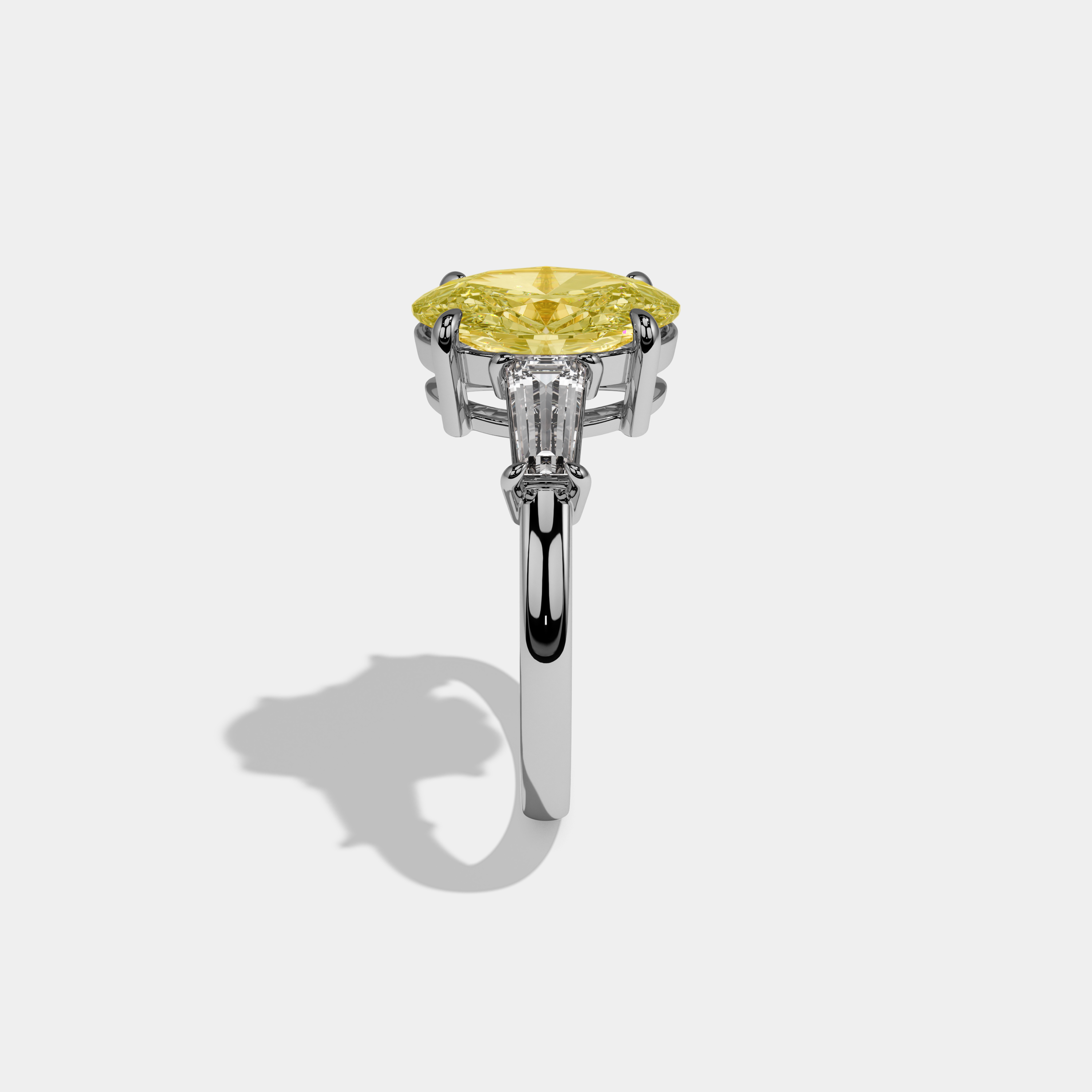 Olivia Fancy Yellow Oval Cut Diamond Plain Band Engagement Ring With Baguette Cut Sides 6ct 18K White Gold