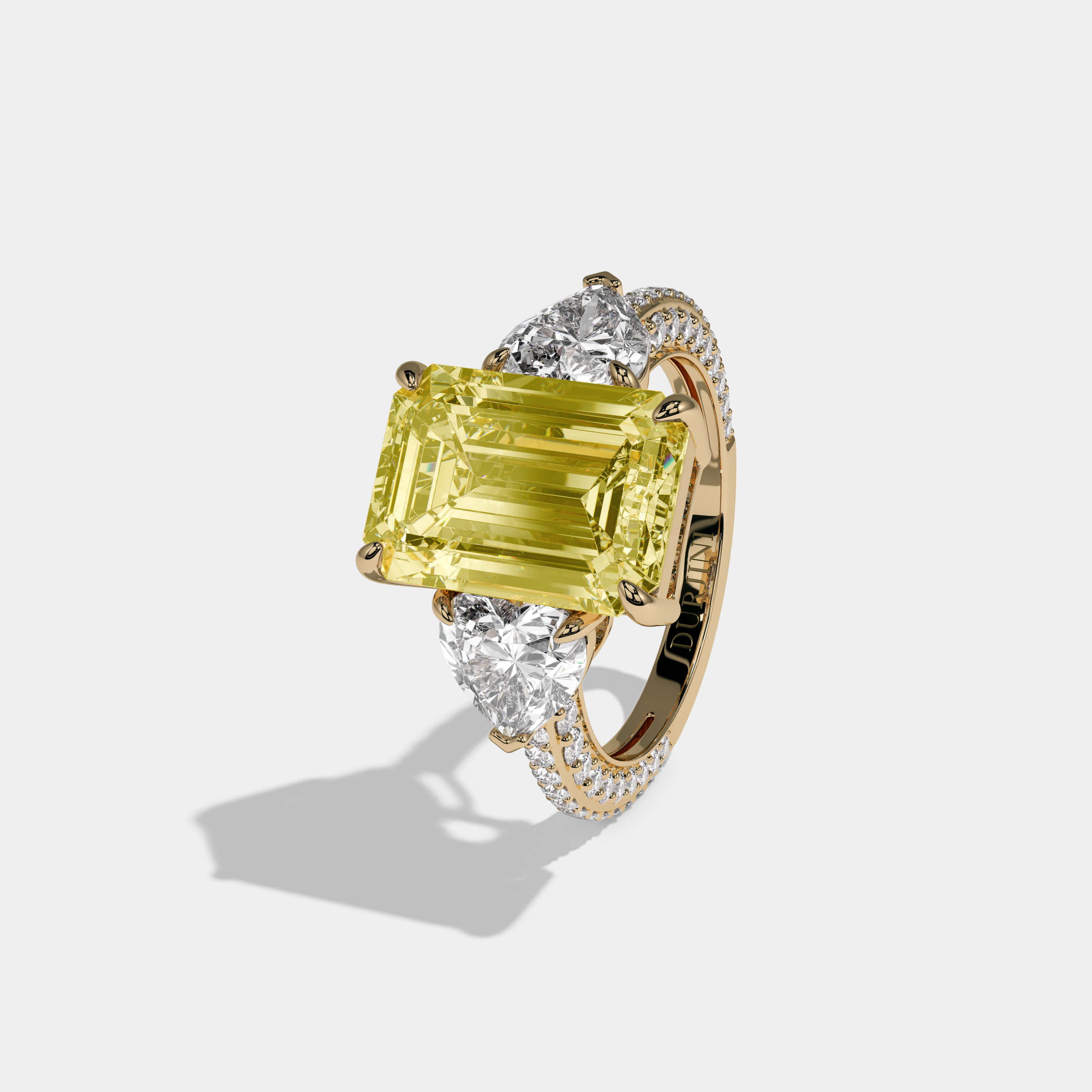 Victoria Fancy Yellow Emerald Cut Diamond Band With Heart Cut Sides Engagement Ring 8ct 18K Yellow Gold