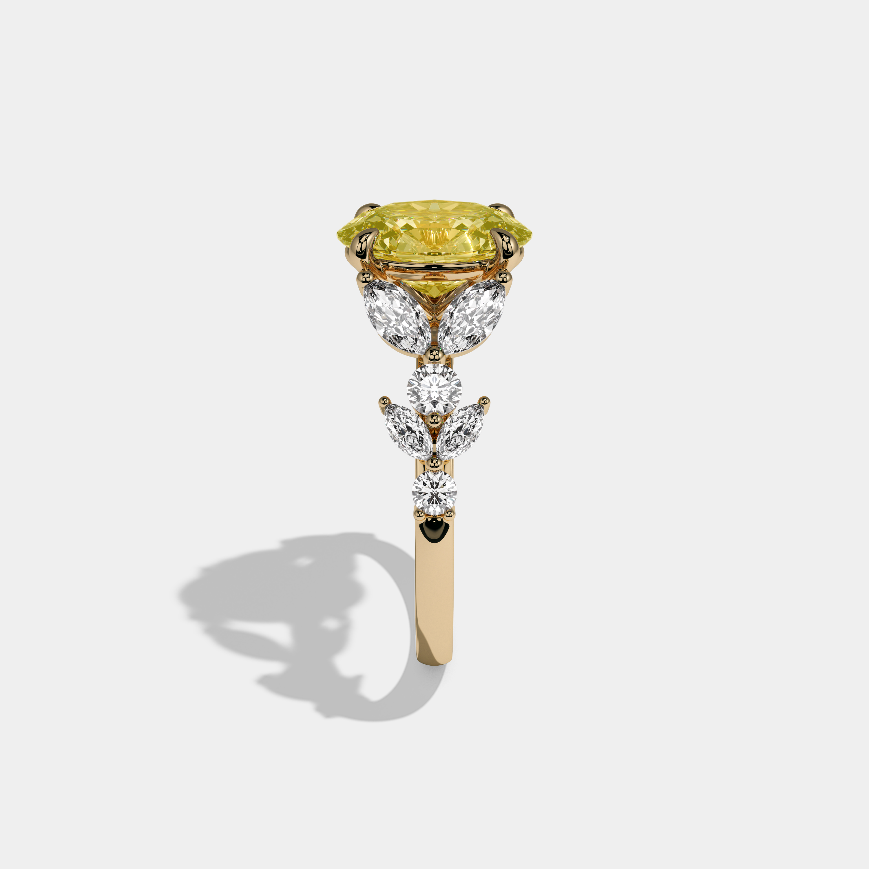 Victoria Fancy Yellow Oval Cut Diamond Plain Band Engagement Ring With Marquise Sides 6ct 18K Yellow Gold