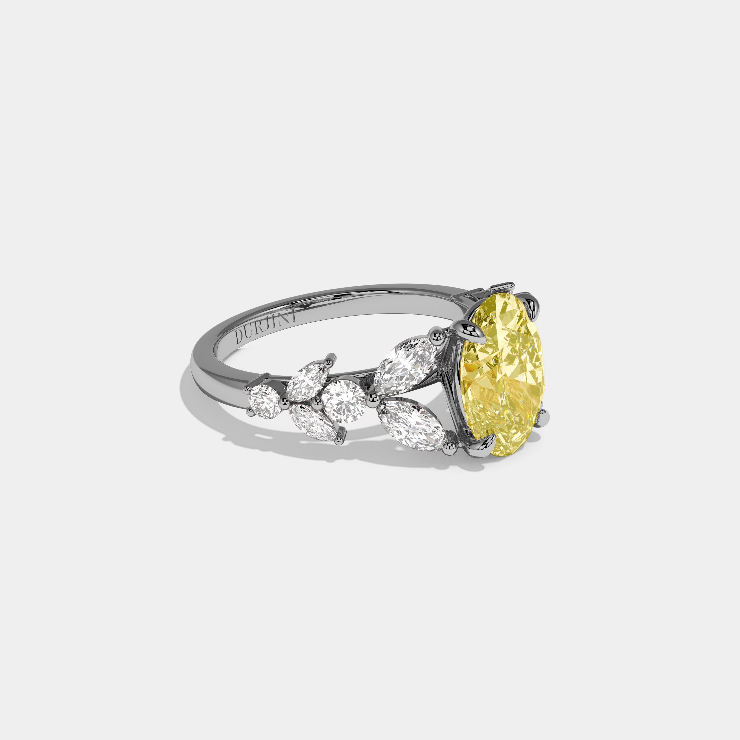 Lily Fancy Yellow Oval Cut Diamond Plain Band Engagement Ring With Marquise Sides 6ct 18k White Gold