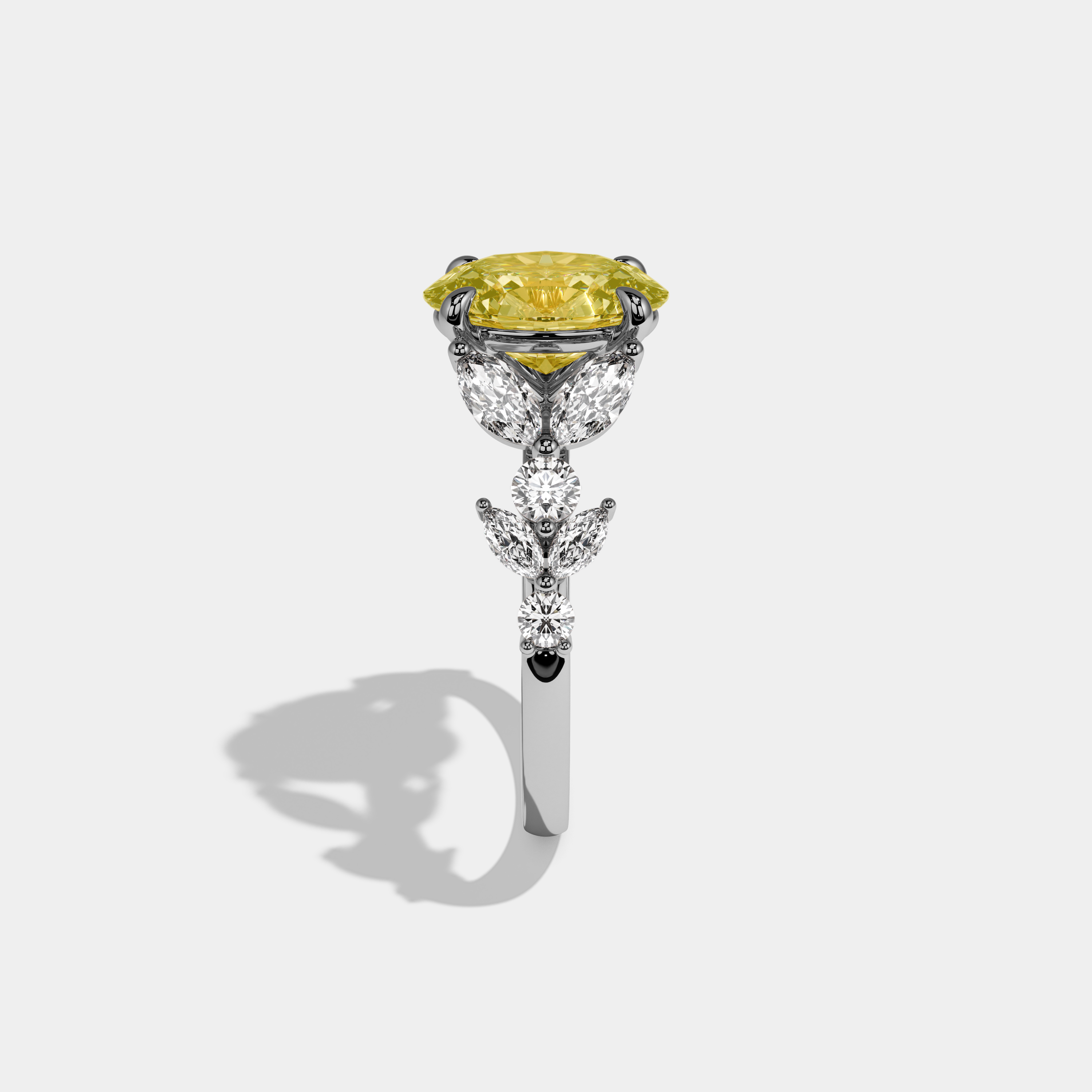 Lily Fancy Yellow Oval Cut Diamond Plain Band Engagement Ring With Marquise Sides 6ct 18k White Gold