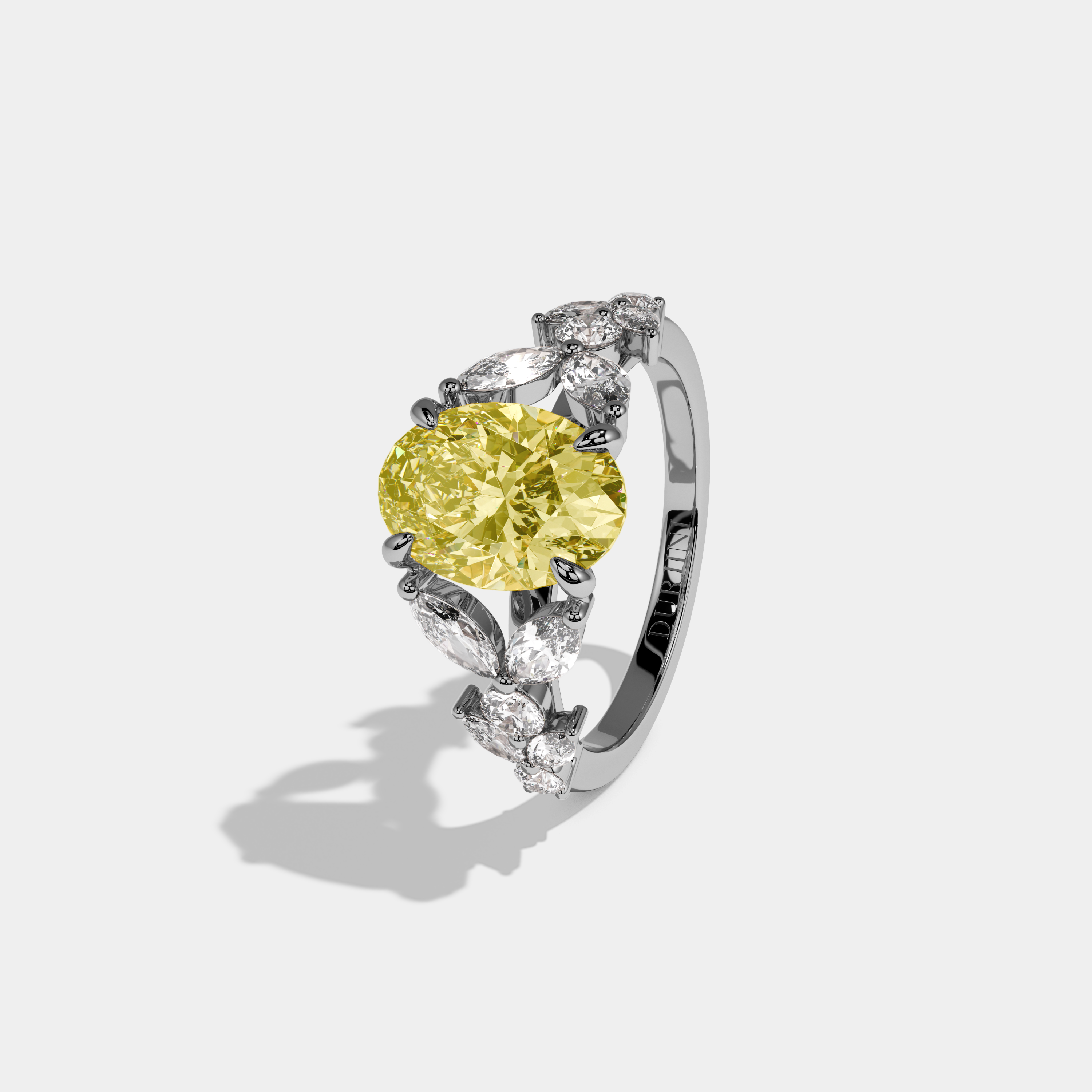 Lily Fancy Yellow Oval Cut Diamond Plain Band Engagement Ring With Marquise Sides 6ct 18k White Gold
