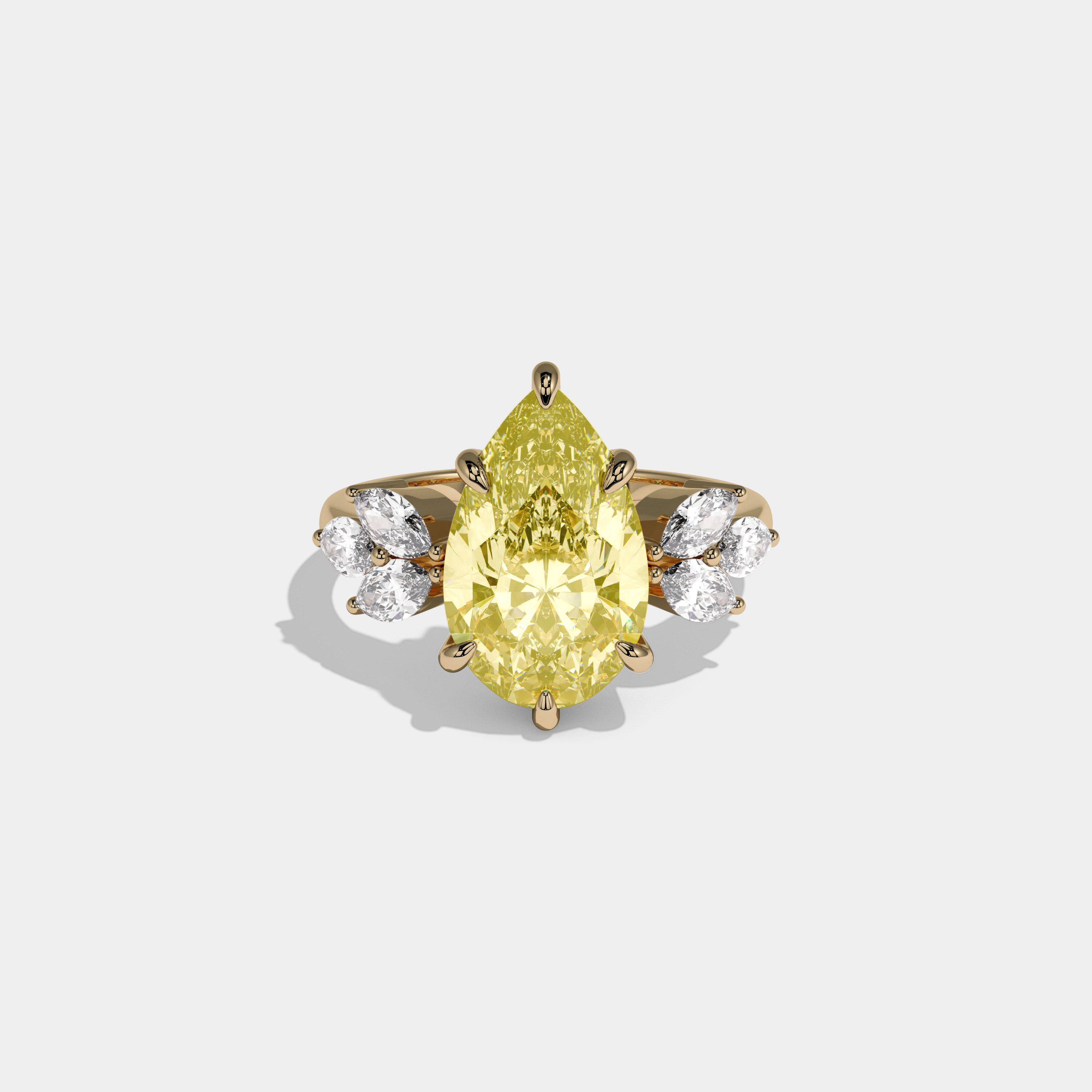 Victoria Fancy Yellow Pear Cut Diamond Plain Band With Marquise Cut Sides Engagement Ring 7ct 18K Yellow Gold